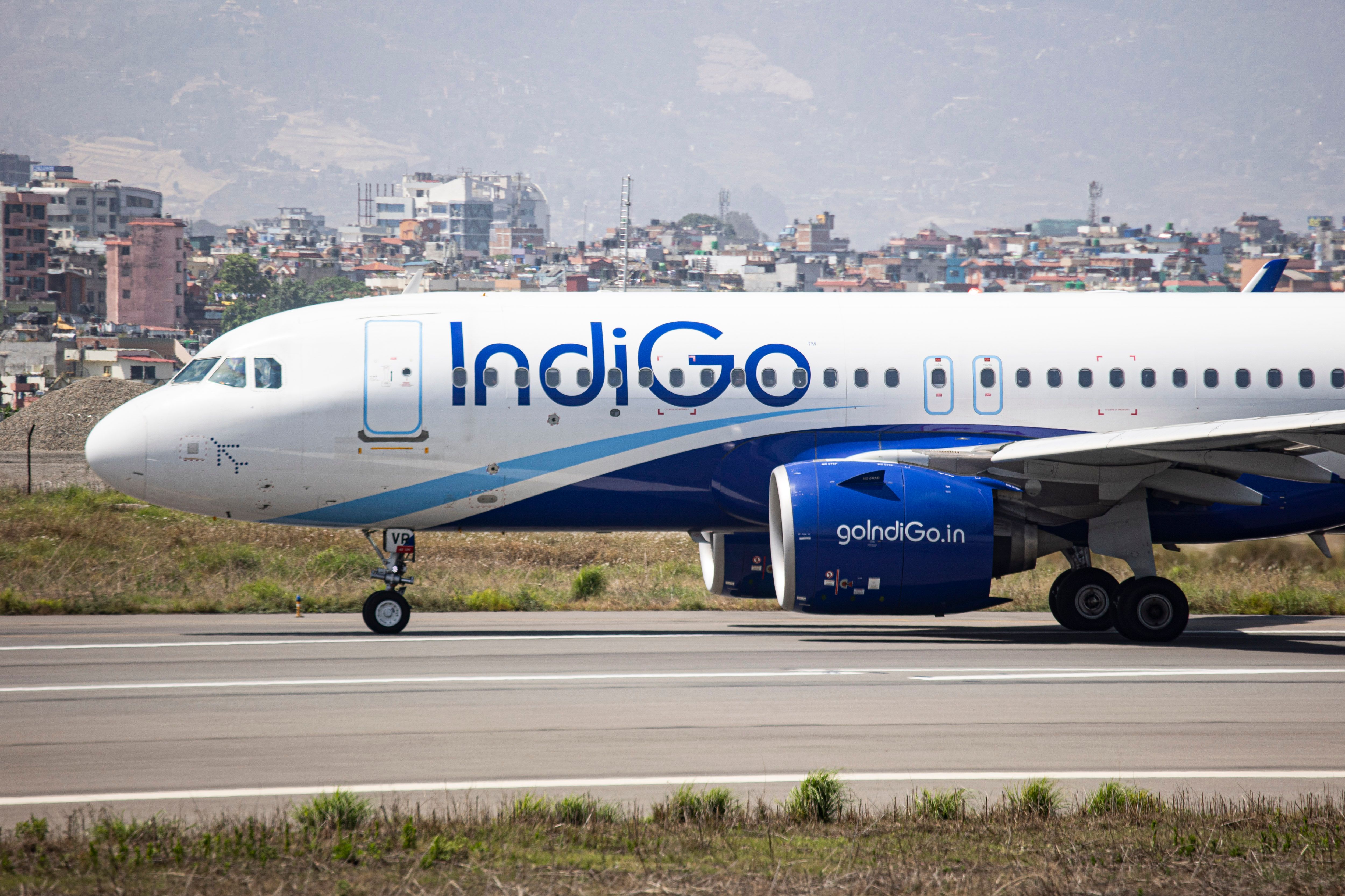 Indigo Airbus A320neo aircraft as seen on the runway and taxiway taxiing for departure at Kathmandu Tribhuvan International Airport.