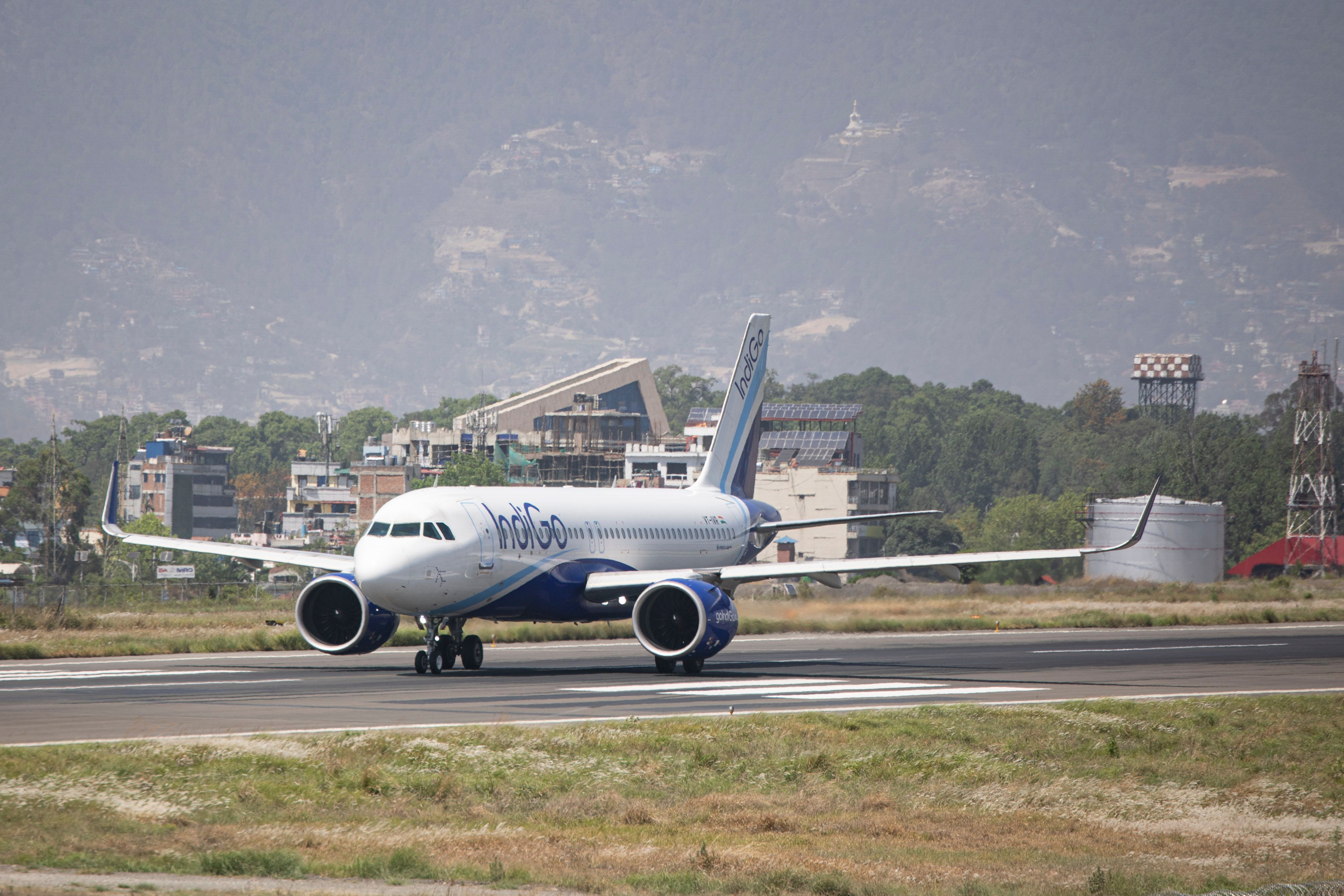 Indigo Airbus A320neo aircraft as seen on the runway and taxiway taxiing for departure at Kathmandu Tribhuvan International Airport in Nepal.
