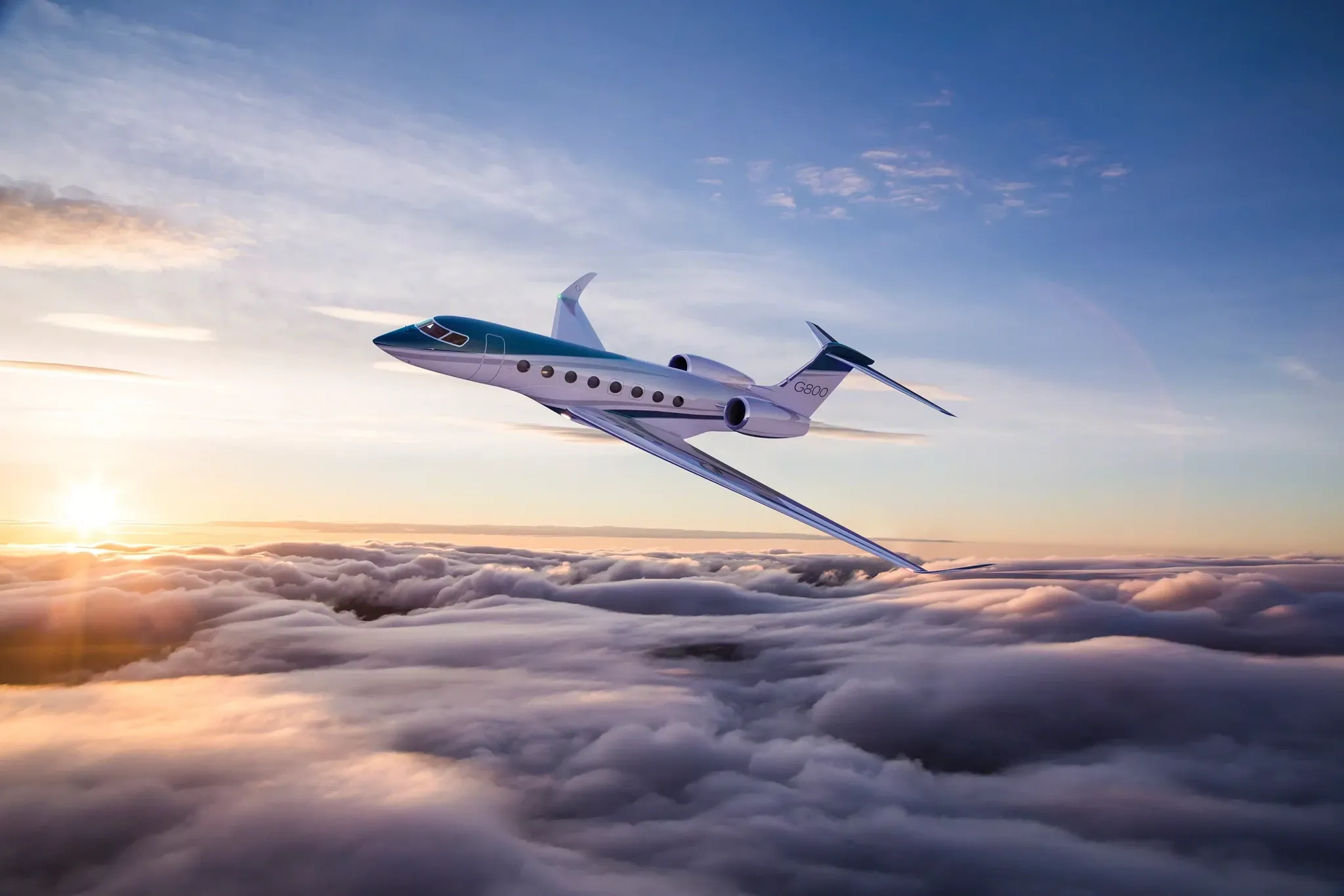 A Gulfstream G800 flying above the clouds.