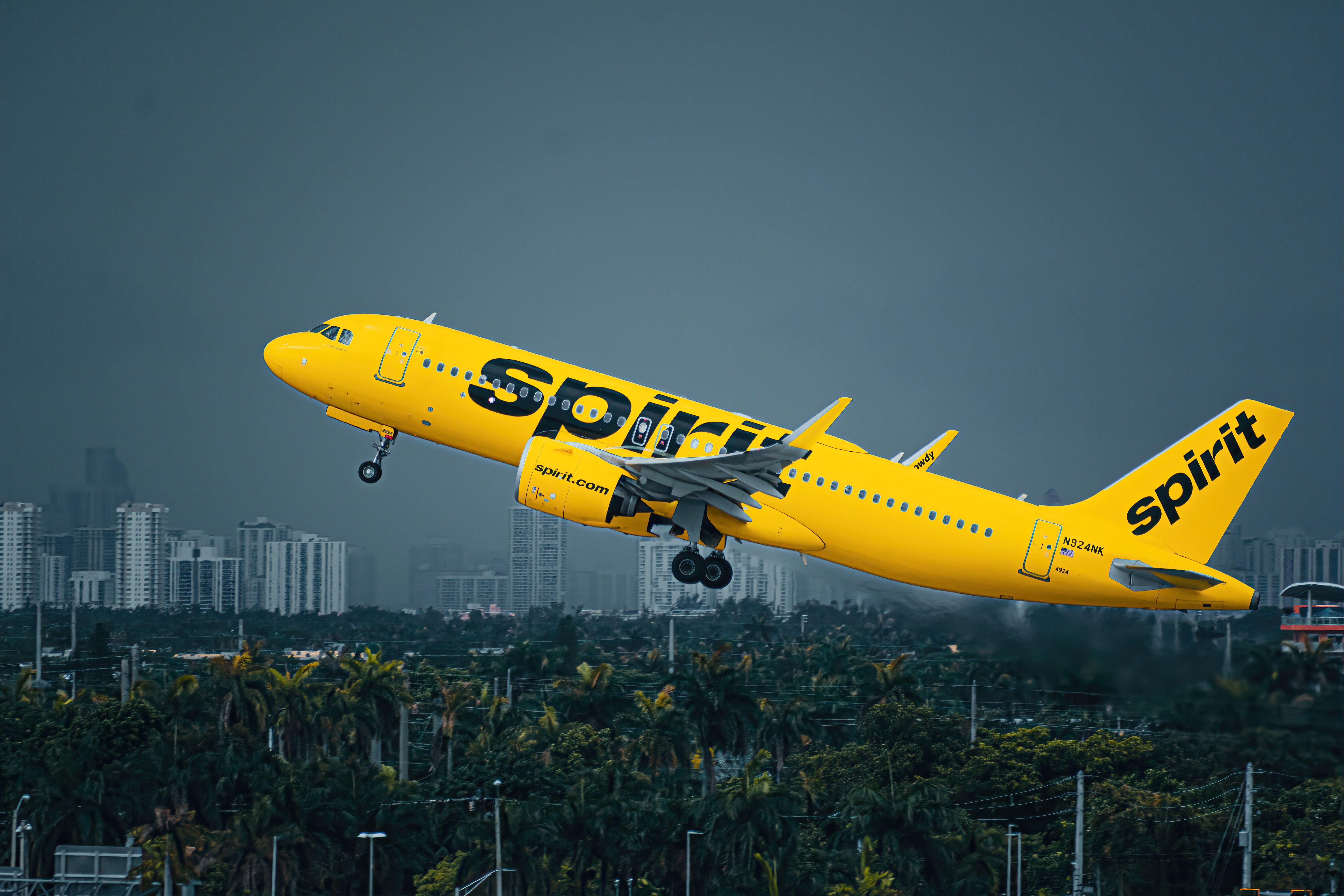 Spirit Airlines Airbus A320NEO taking off from Fort Lauderdale-Hollywood International Airport.
