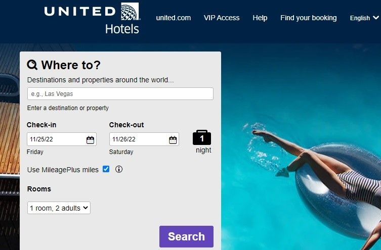 A screenshot of the United Airlines hotels website.