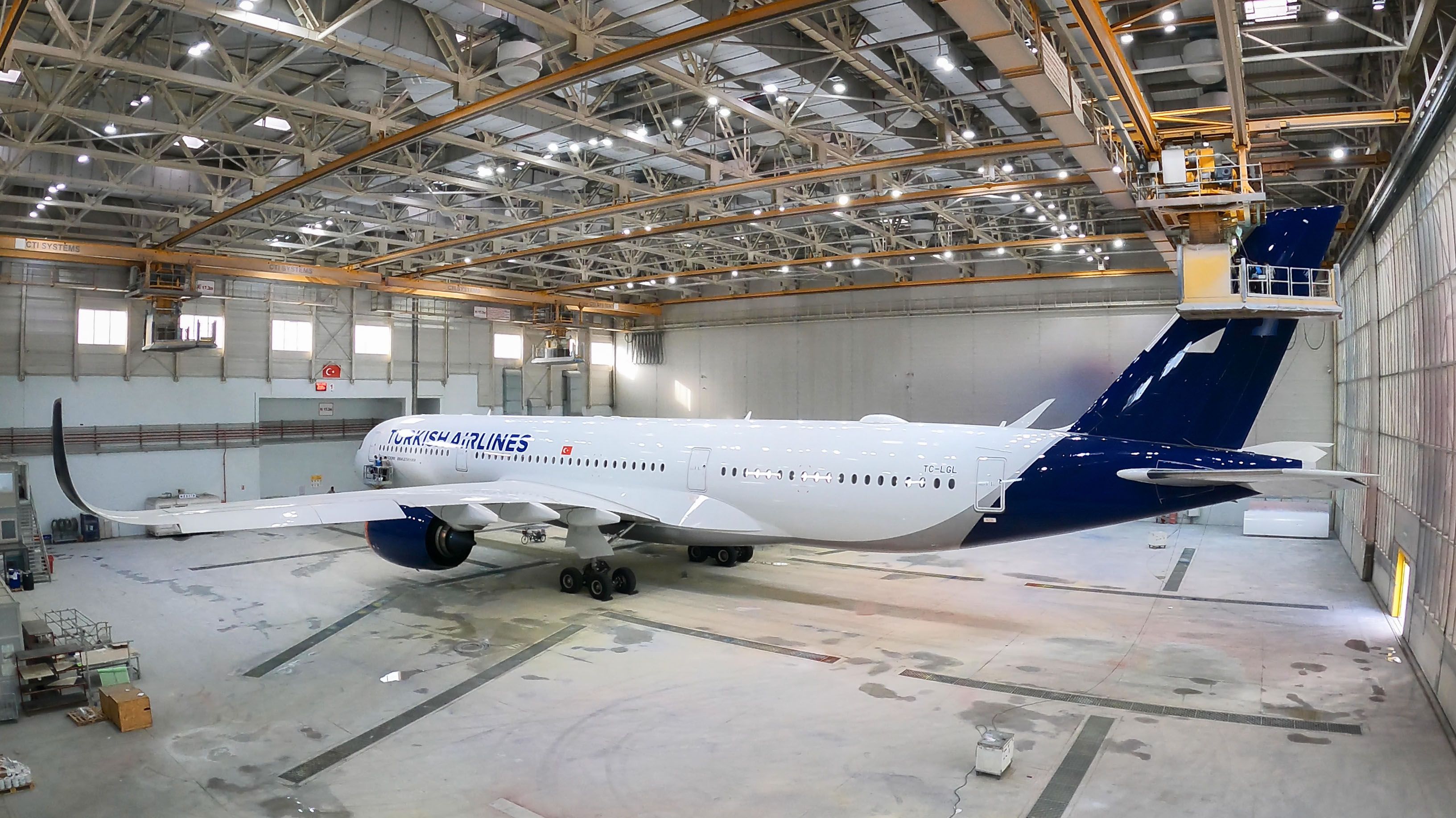 A Turkish Airlines Airbus A350 being repainted.