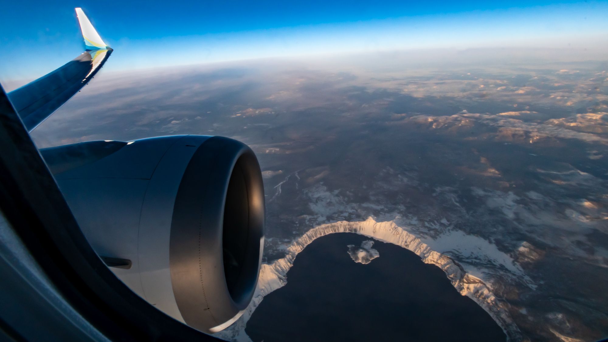 737 MAX 9 Wing Over Crater Lake With the CFM International LEAP-1B engine in the frame