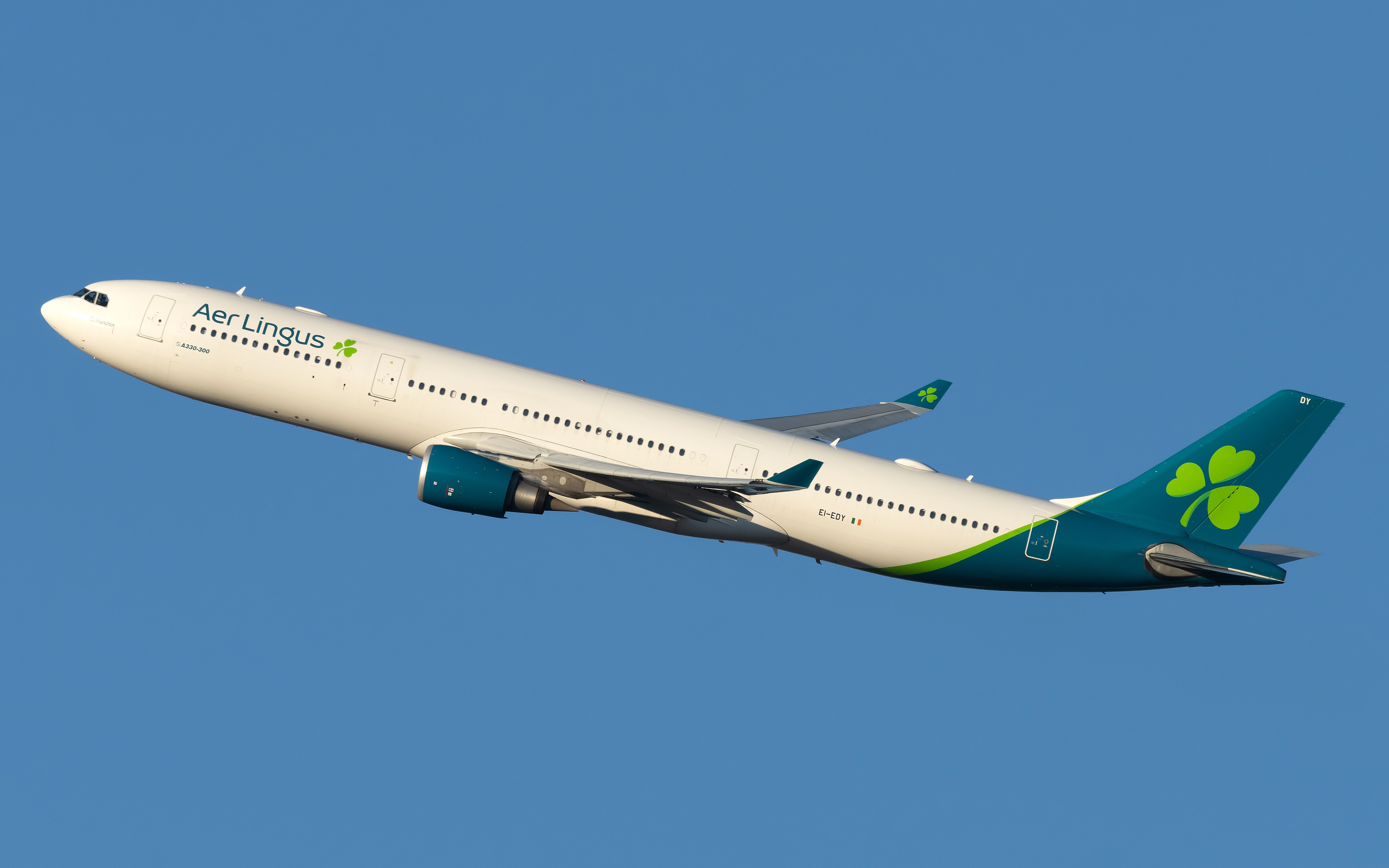 An Aer Lingus Airbus A330-300 flying in the sky.