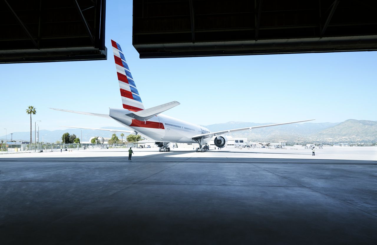 An American Airlines Boeing 777-300 in the hangar