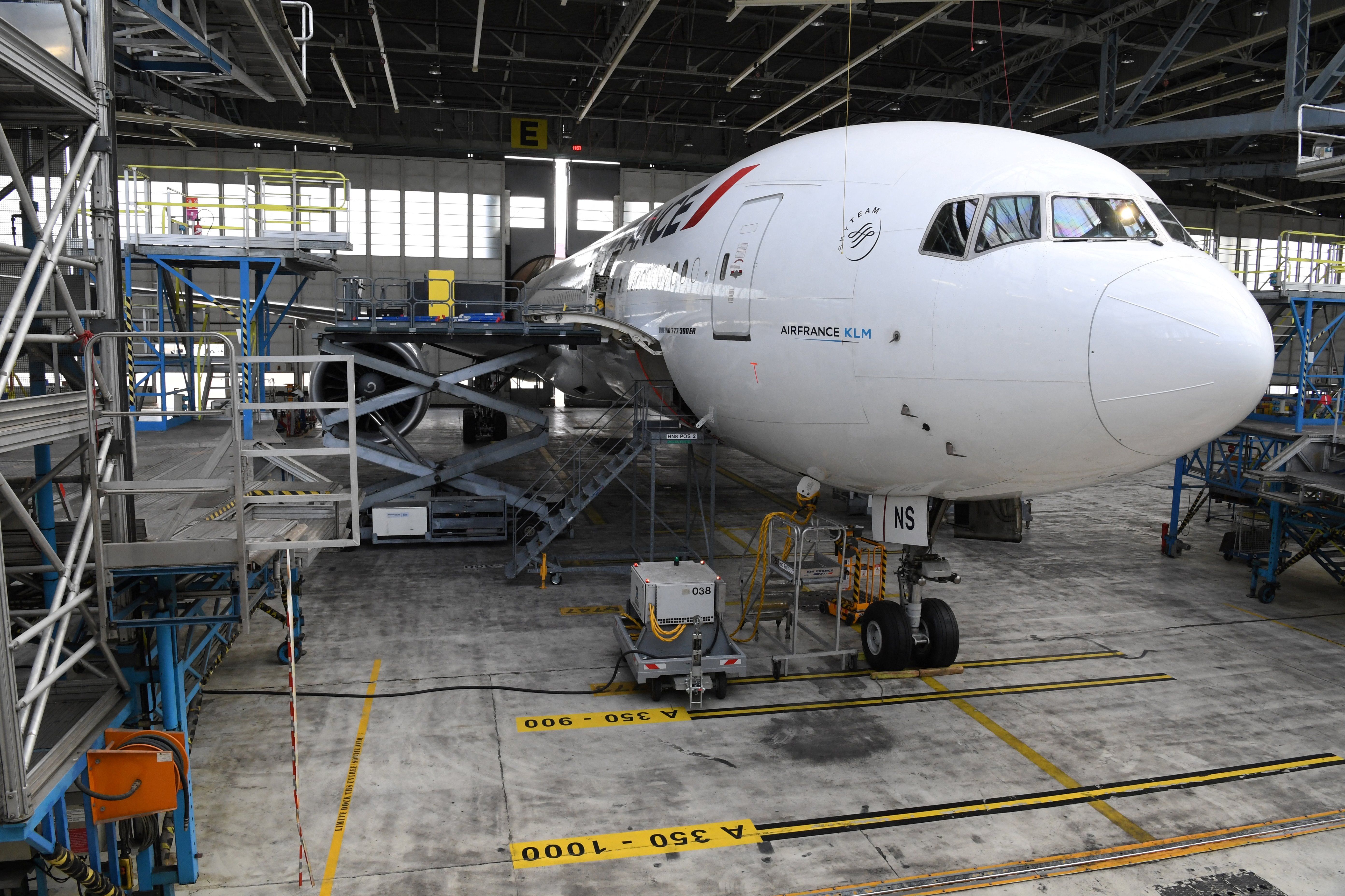 An Air France Boeing 777-300 ER in heavy maintenance
