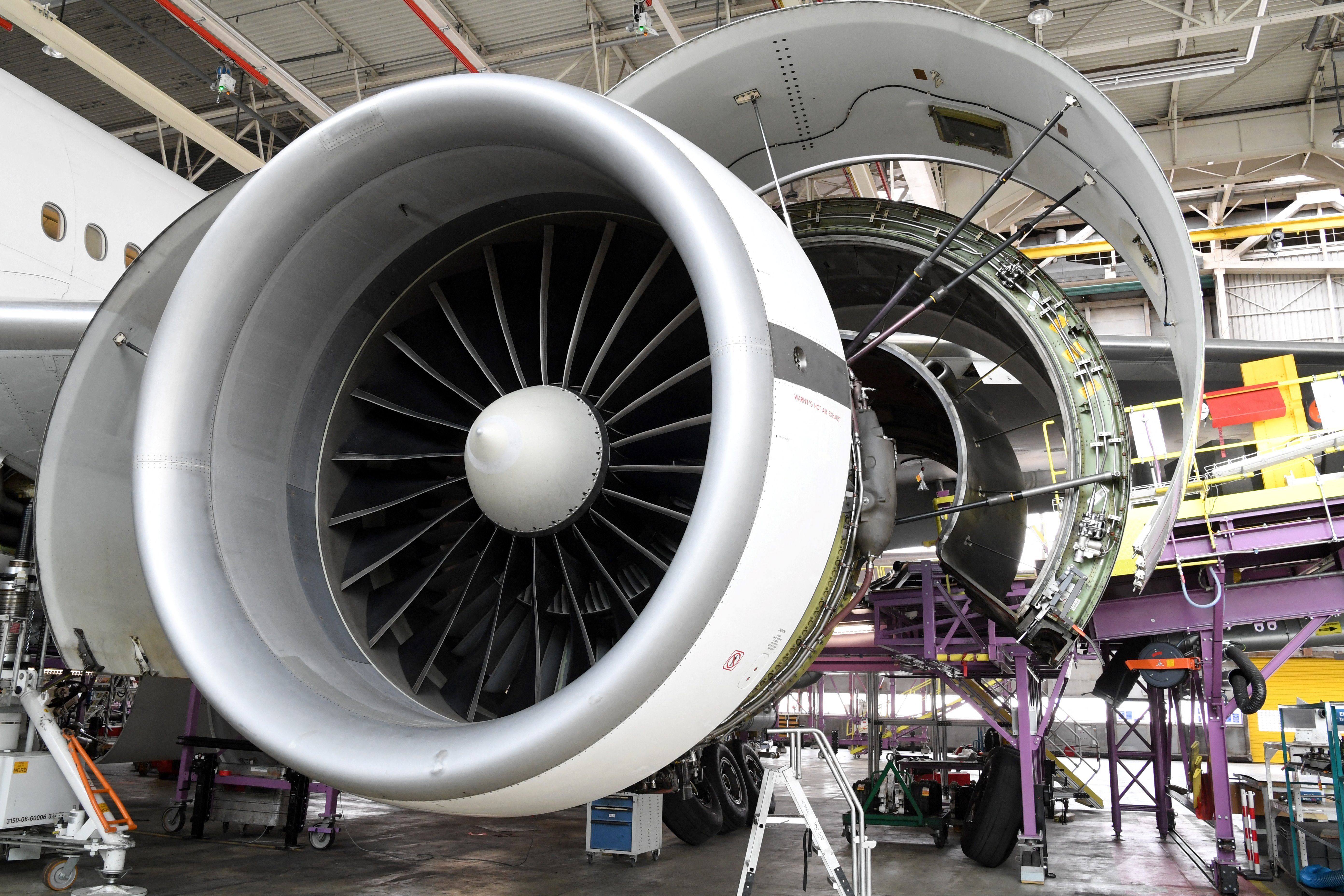 An Air France Boeing 777-300 ER power plant during heavy maintenance