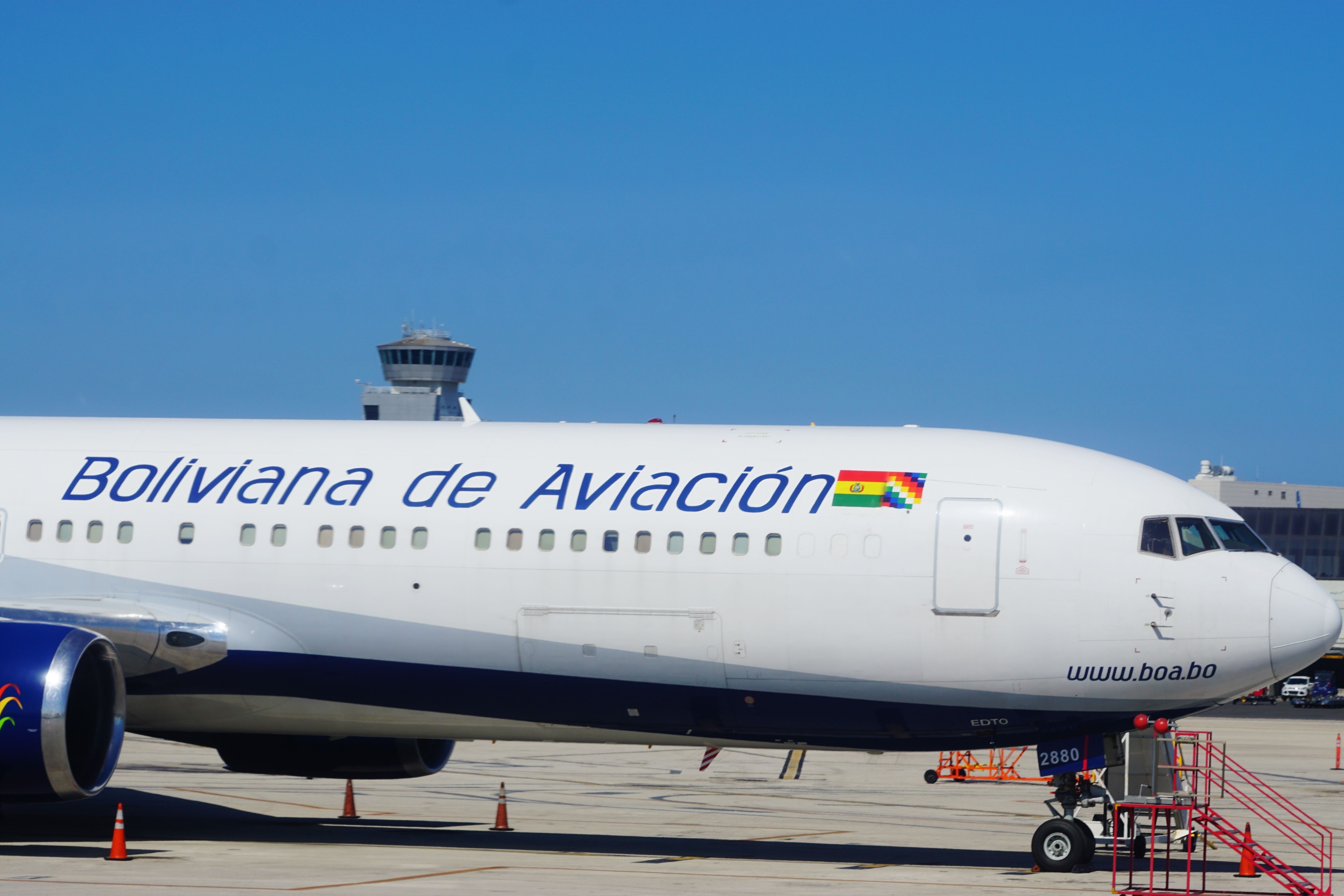 An airplane from Boliviana de Aviacion (OB), the flag carrier airline of Bolivia, at the Miami International Airport (MIA).