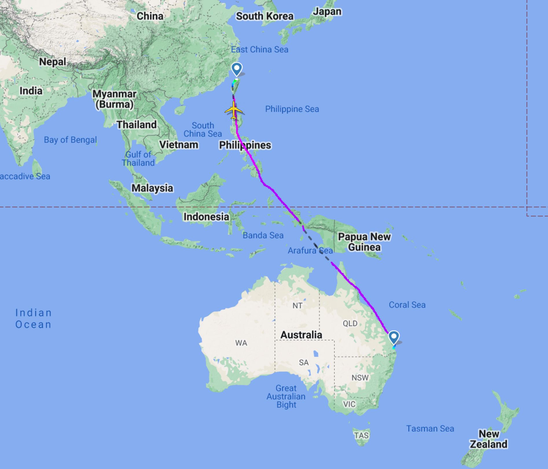 China Airlines Brisbane BNE - Taipei Taiwan TPE Flight I54 Map