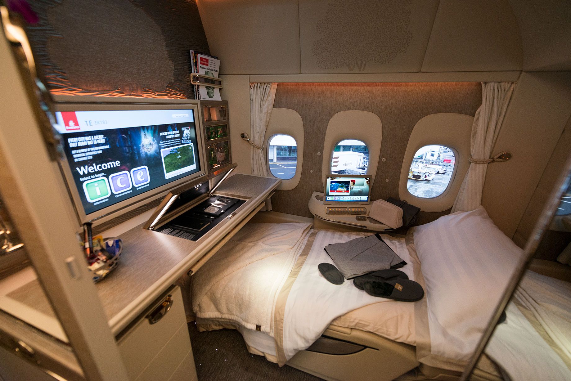 Inside an Emirates Boeing 777 First Class Suite.
