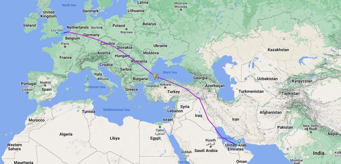 Emirates Dubai Gatwick A380 Map