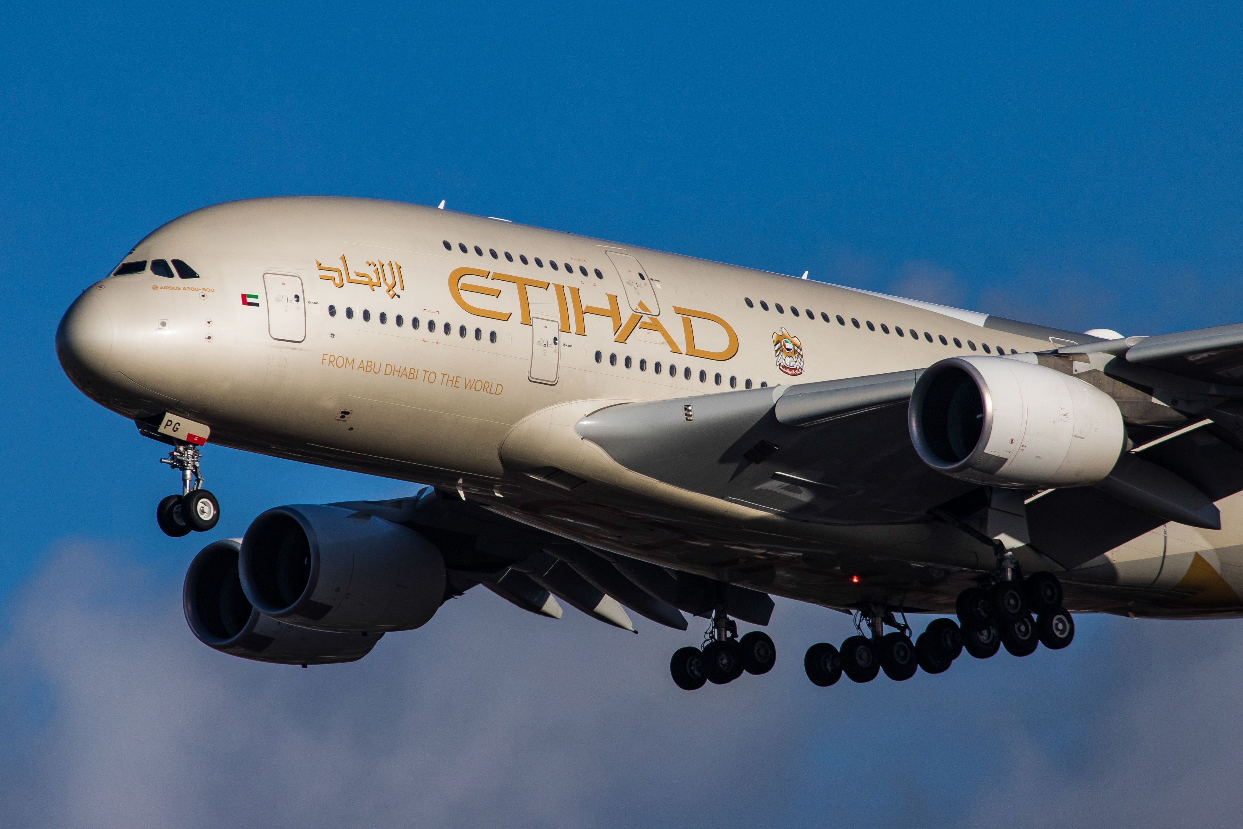 Etihad Airways Airbus A380 landing in London Heathrow