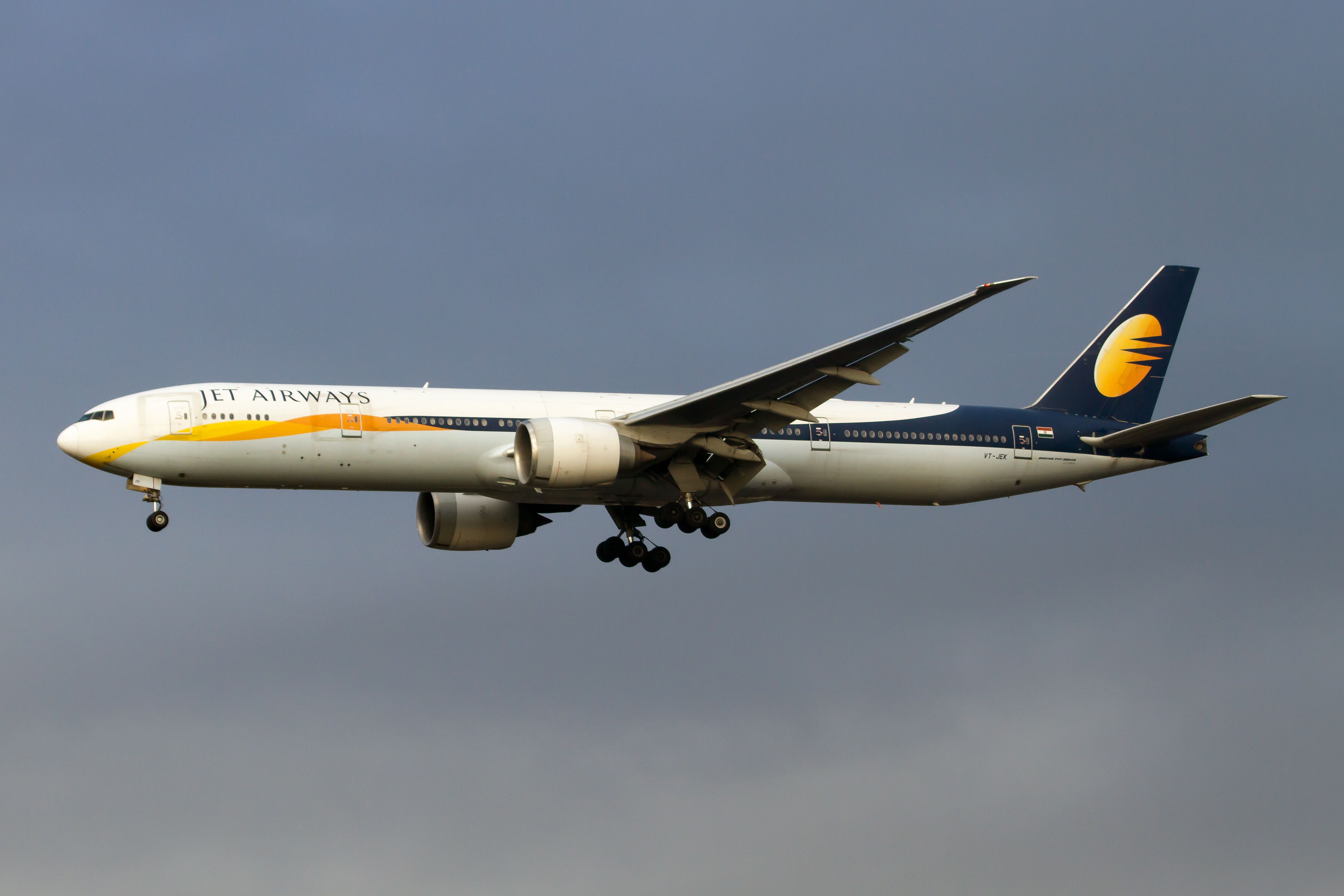 A Jet Airways Boeing 777-300ER landing at London Heathrow airport