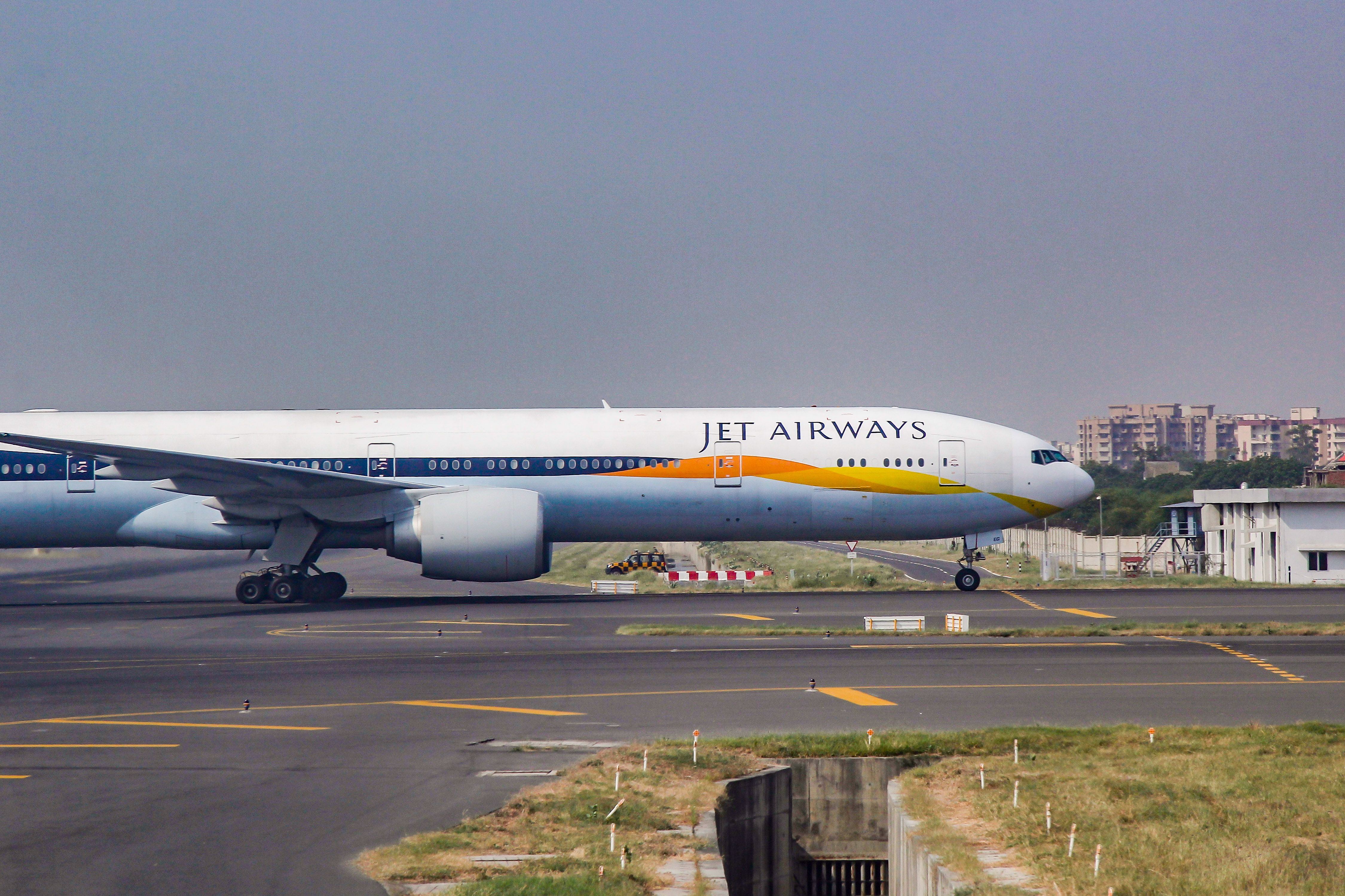 Jet Airways Boeing 777-300 airplane taxiing at Delhi's Indira Gandhi International Airport