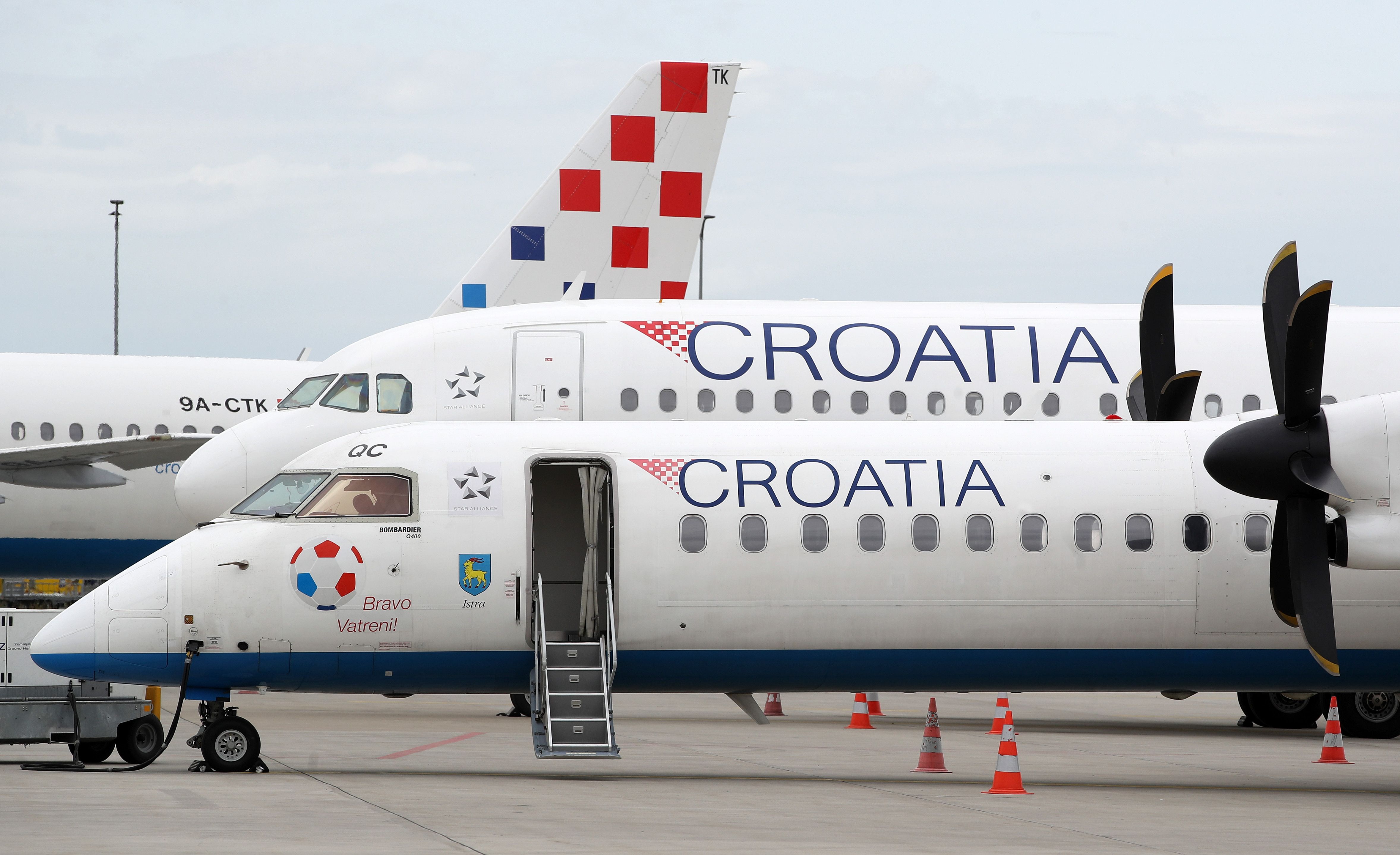 Planes of Croatia Airlines are parked at Zagreb International Airport Croatia