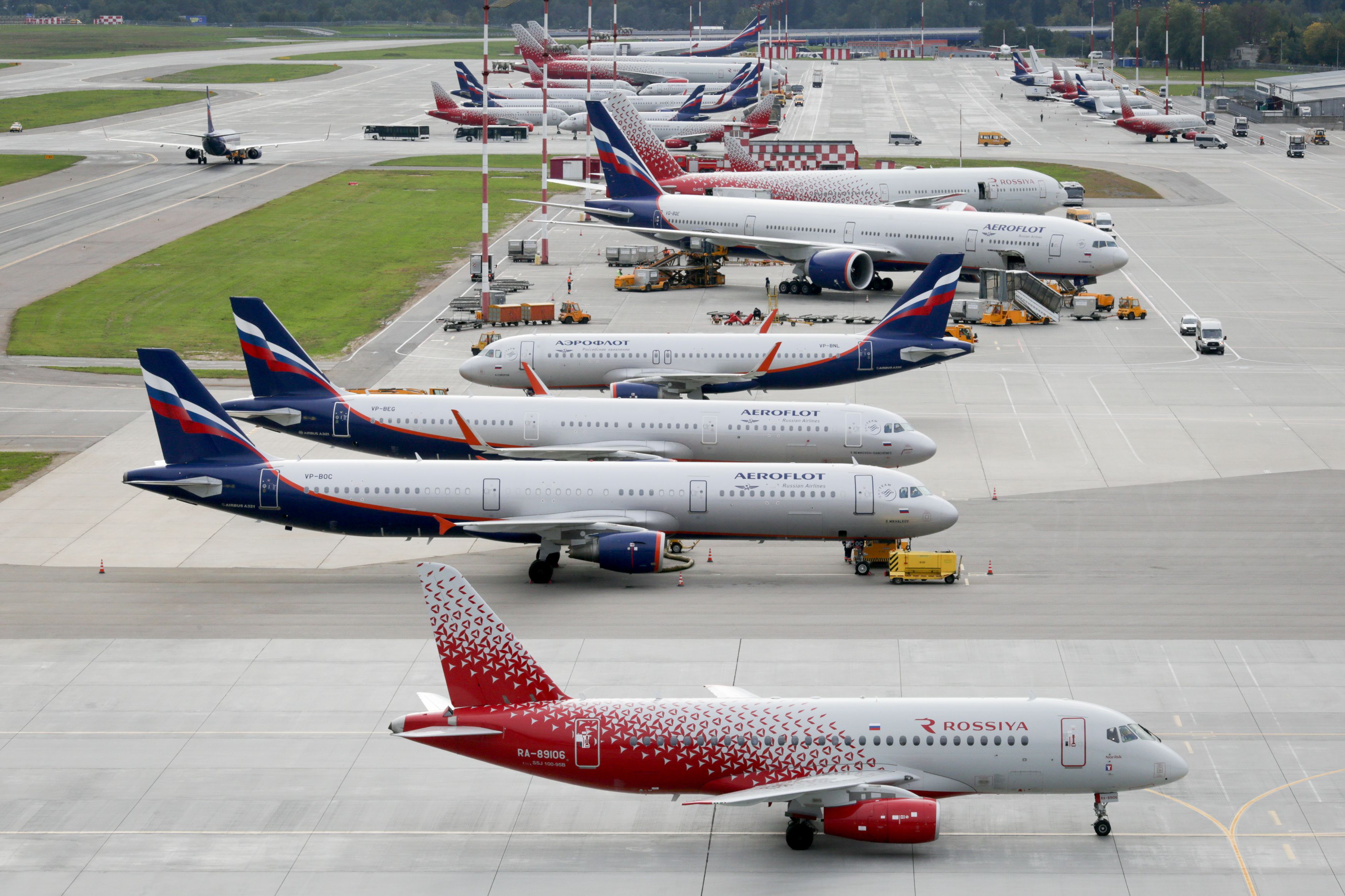 Aeroflot Russian Airlines and Rossiya Airlines jet aircrafts at Moscow-Sheremetyevo International Airport