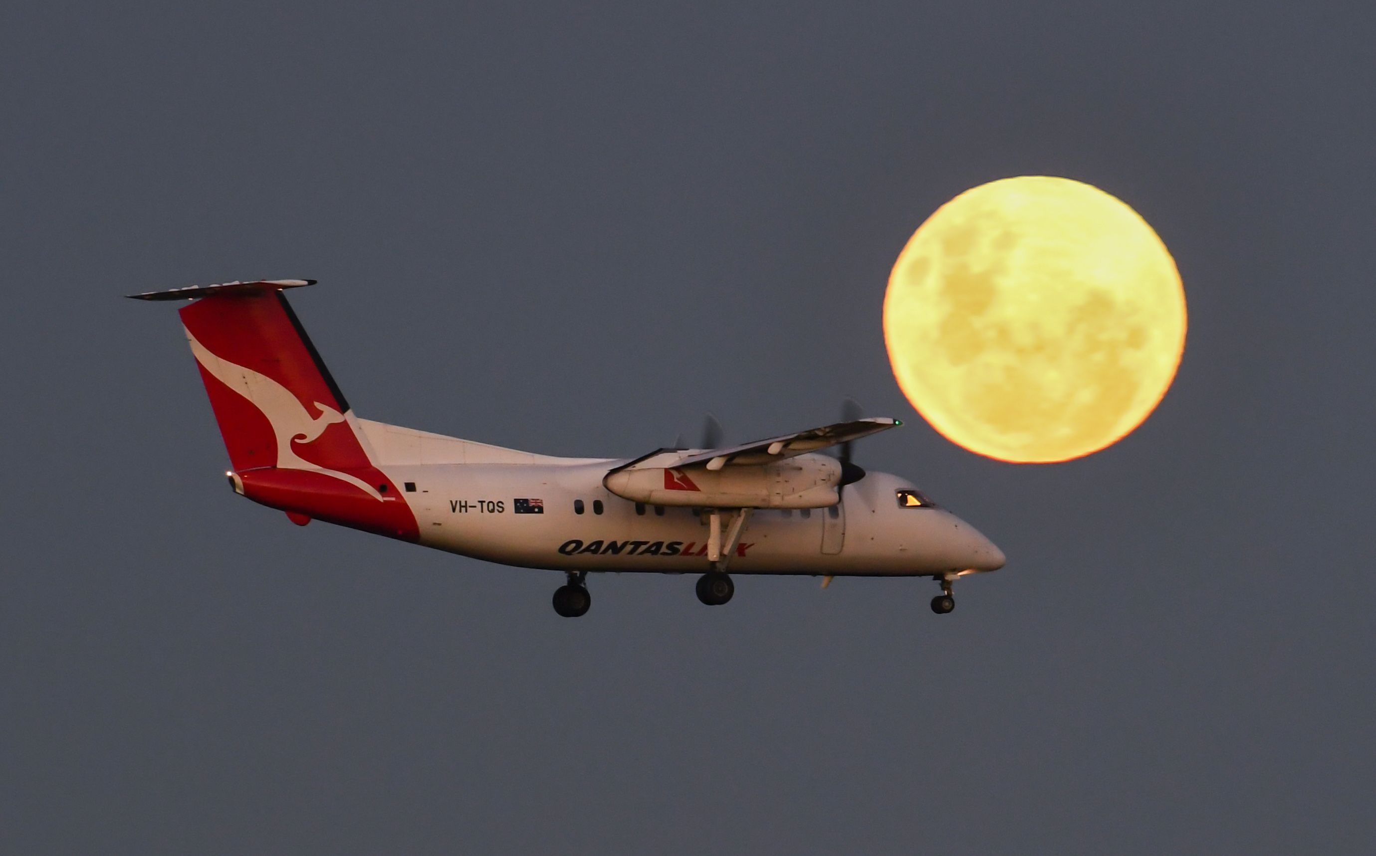  A Qantas Dash 8-200 approaching the main runway as the super blood moon rises close to Sydney Airport on May 26, 2021 in Sydney, Australia. It is the first total lunar eclipse in more than two years, which coincides with a supermoon.