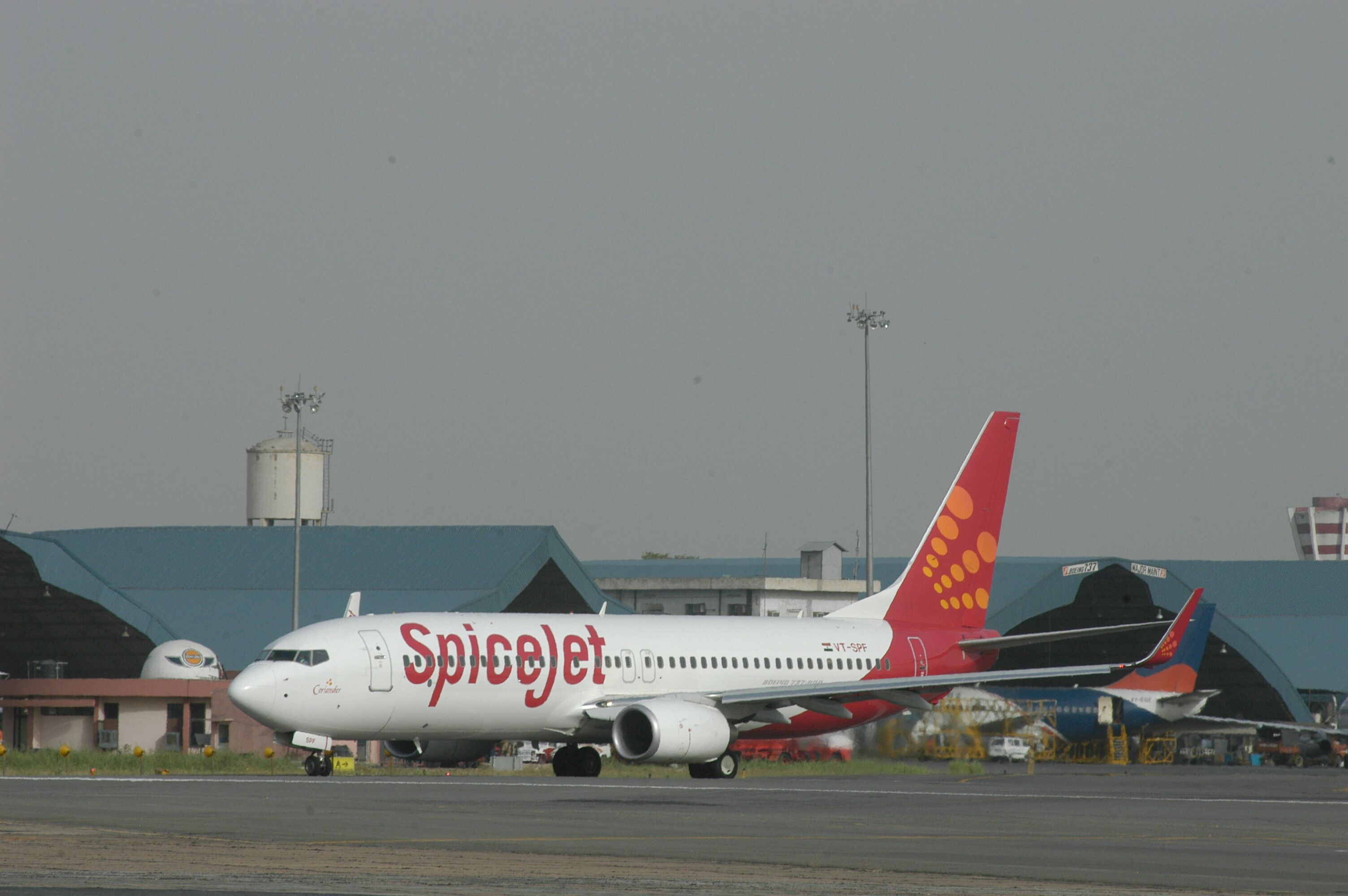 SpiceJet aircraft at Delhi Airport.