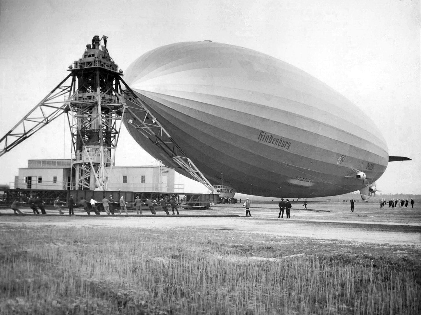 The Hindenburg mooring at Lakehurst 1936.