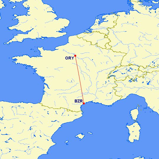 map of the first ATR 42 commercial flight