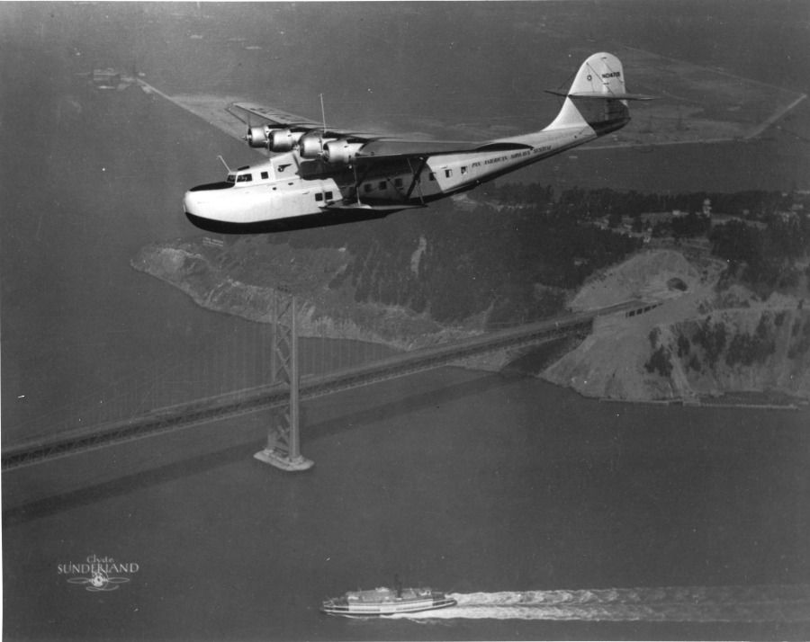 Pan Am Martin M-130 flying over San Francisco