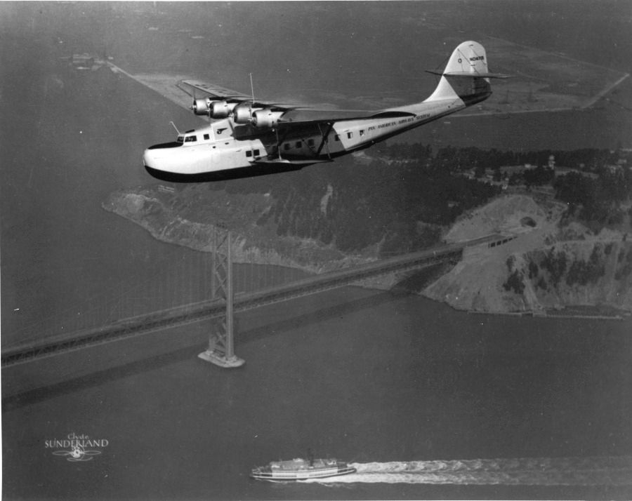 Pan Am Martin M-130 flying over San Francisco