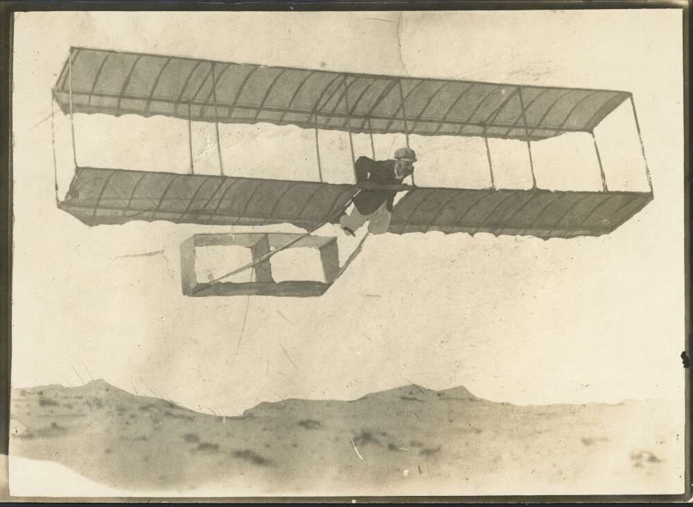Taylor in his self-constructed glider at Narrabeen in 1909