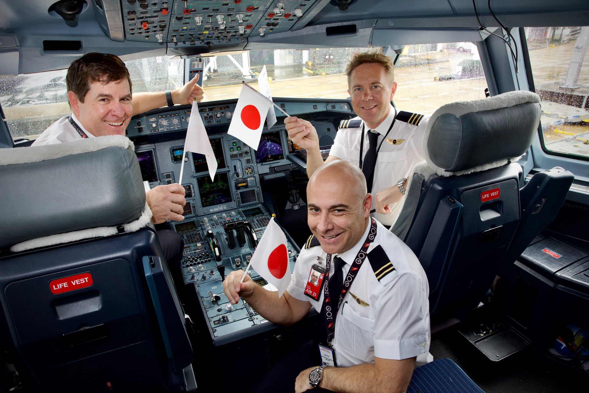 Qantas pilots on the first QF61 BNE to HND A330-200. 