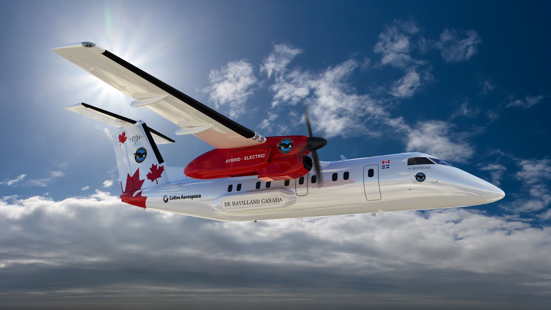 A De Havilland Canada aircraft with hybrid-electric engines in flight.