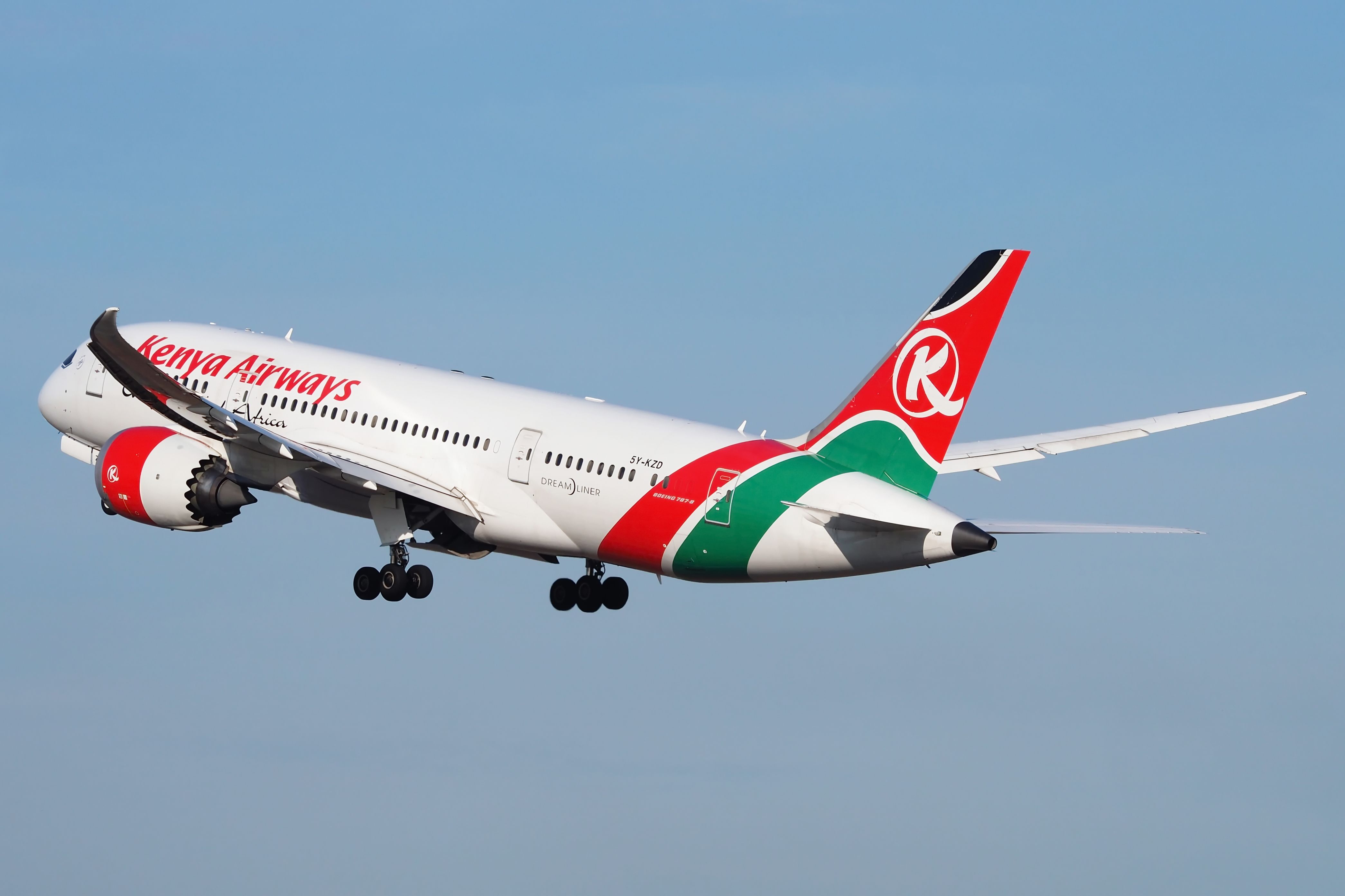 Kenya Airways Boeing 787-8 Dreamliner taking off. 