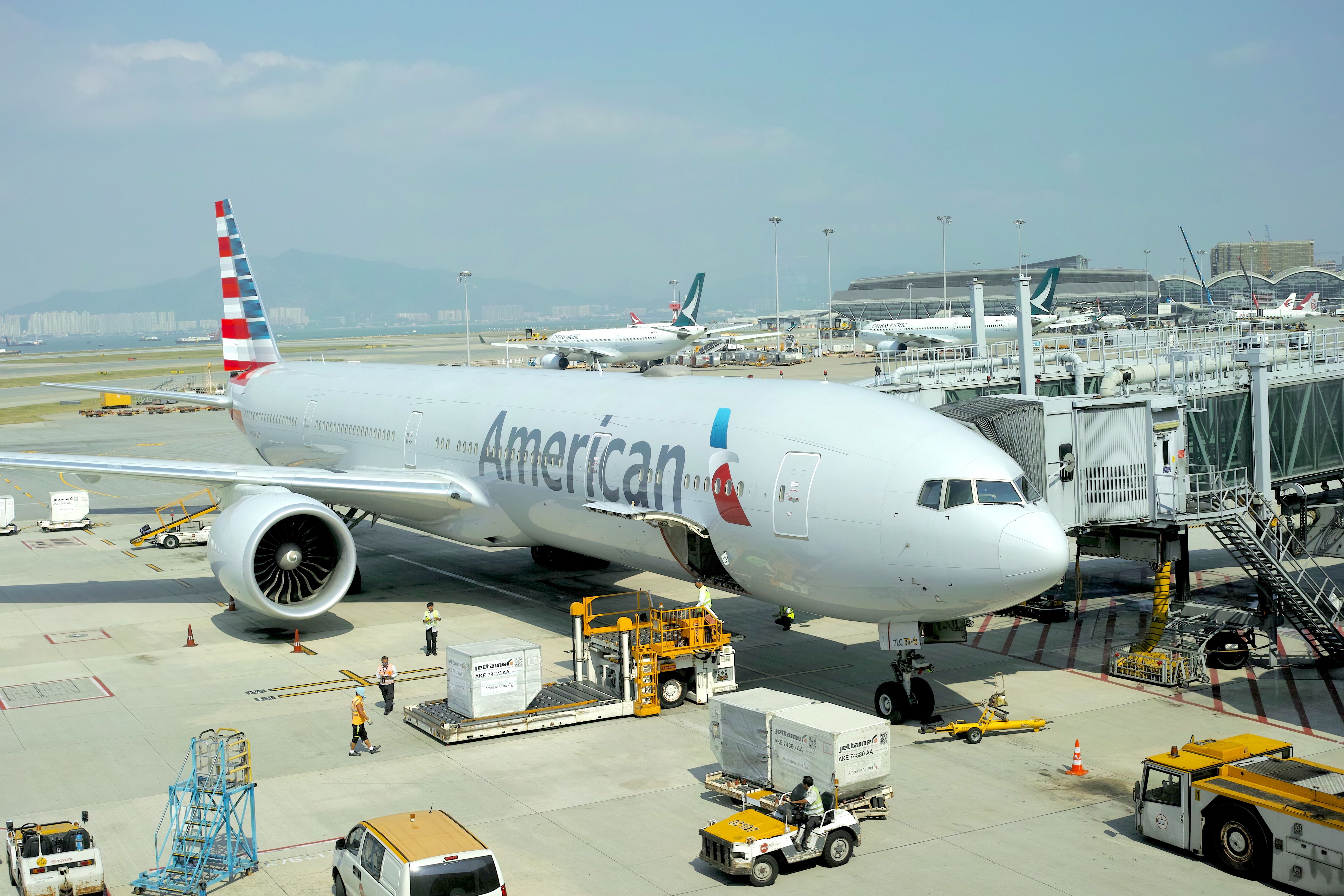 shutterstock_1571972989 - Boeing 777-323(ER) (N719AN) of American Airlines is parking in Hong Kong International Airport in Chek Lap Kok.