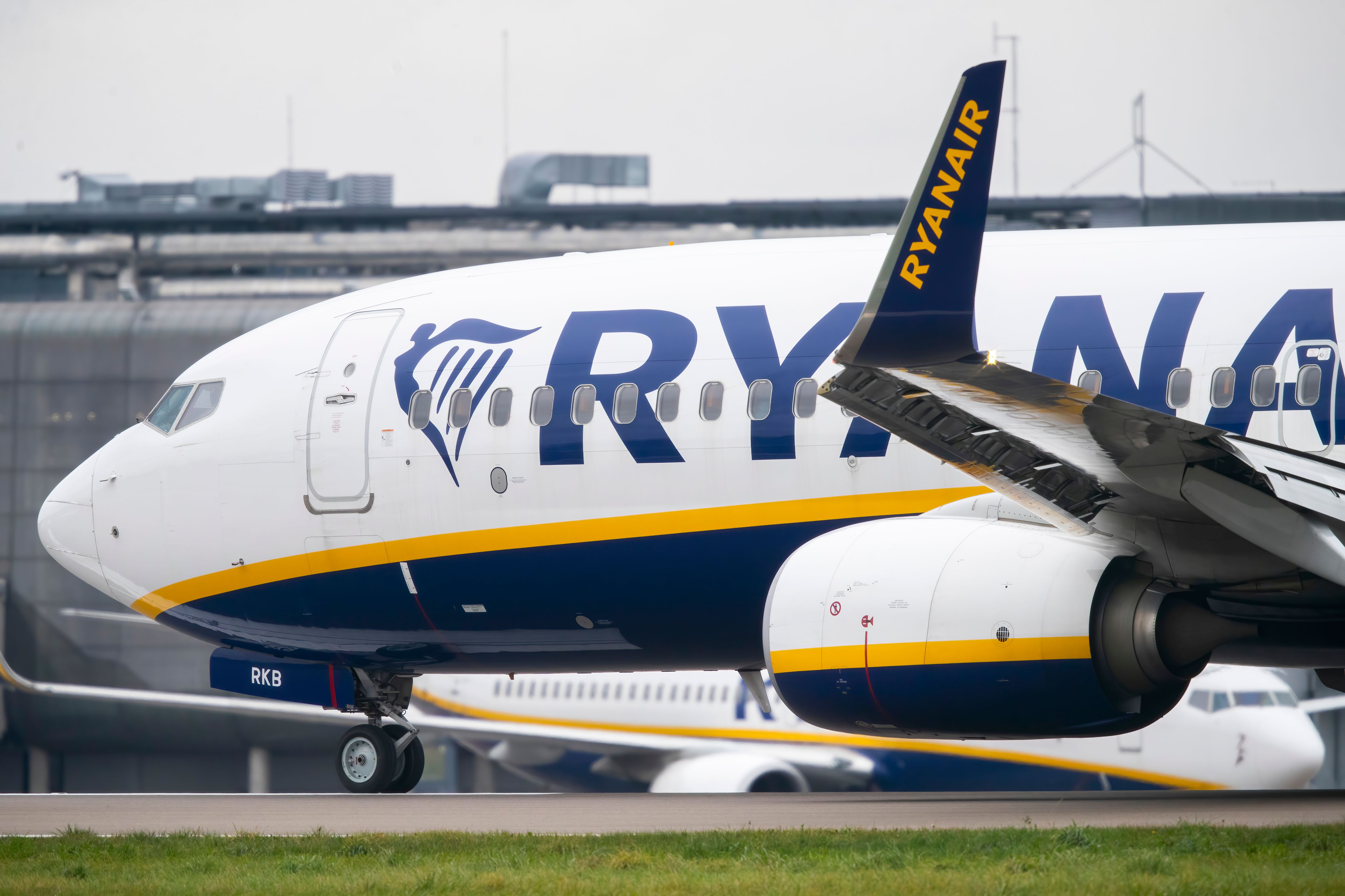 The front portion of a Ryanair Boeing 737 taxiing