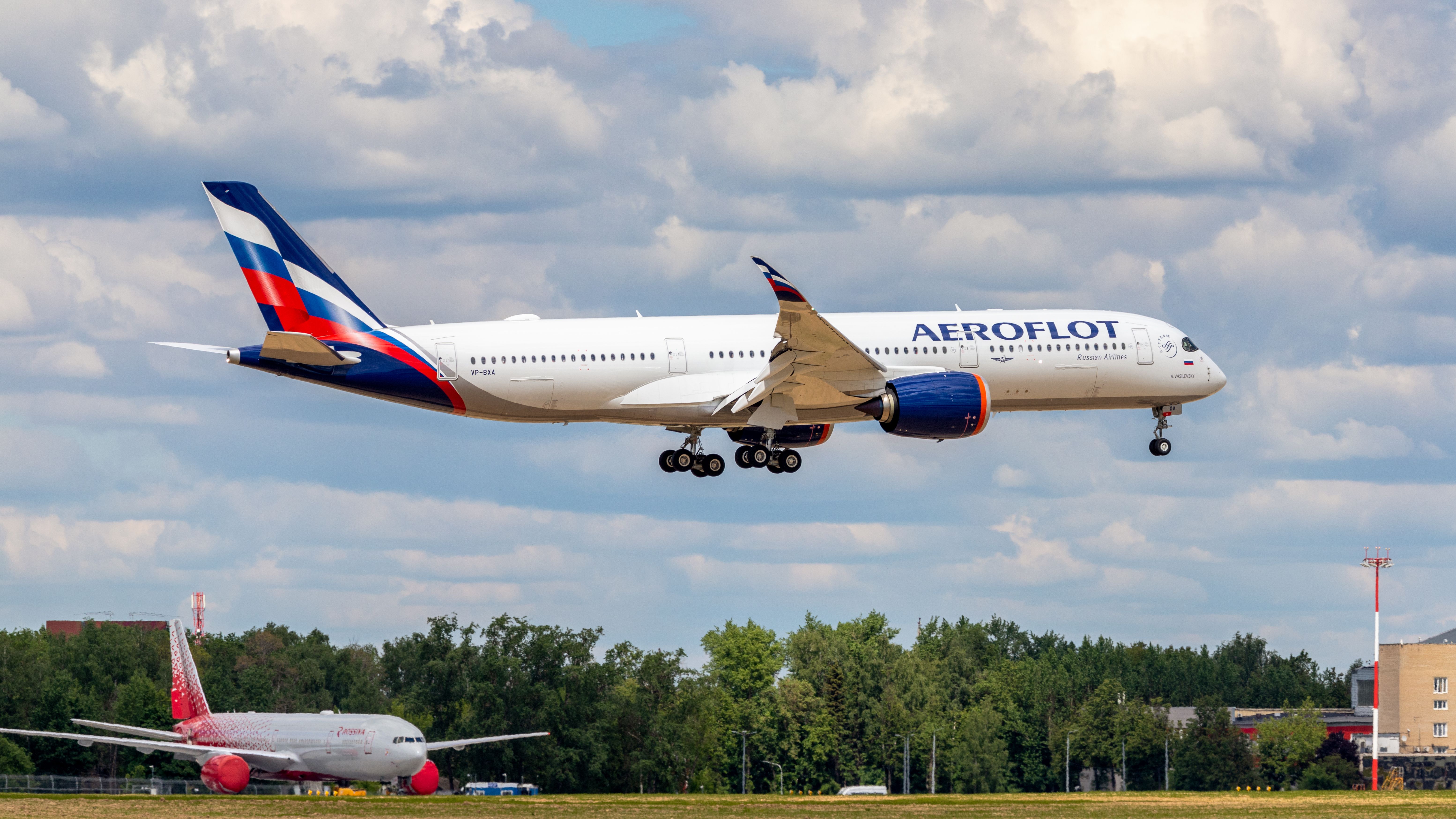 aeroflot and rossiya planes at airport