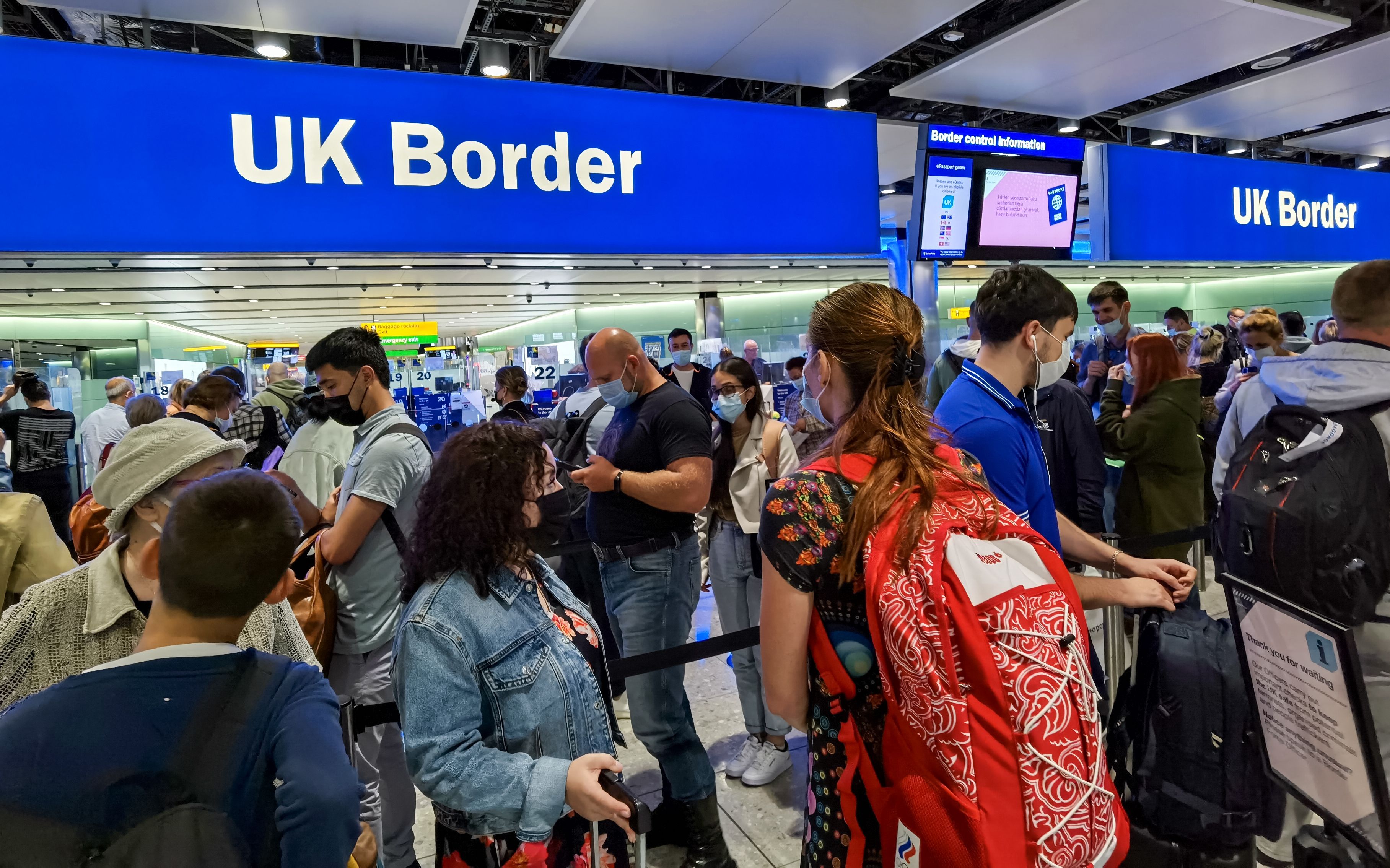 Border control at London Heathrow Airport, August 2021