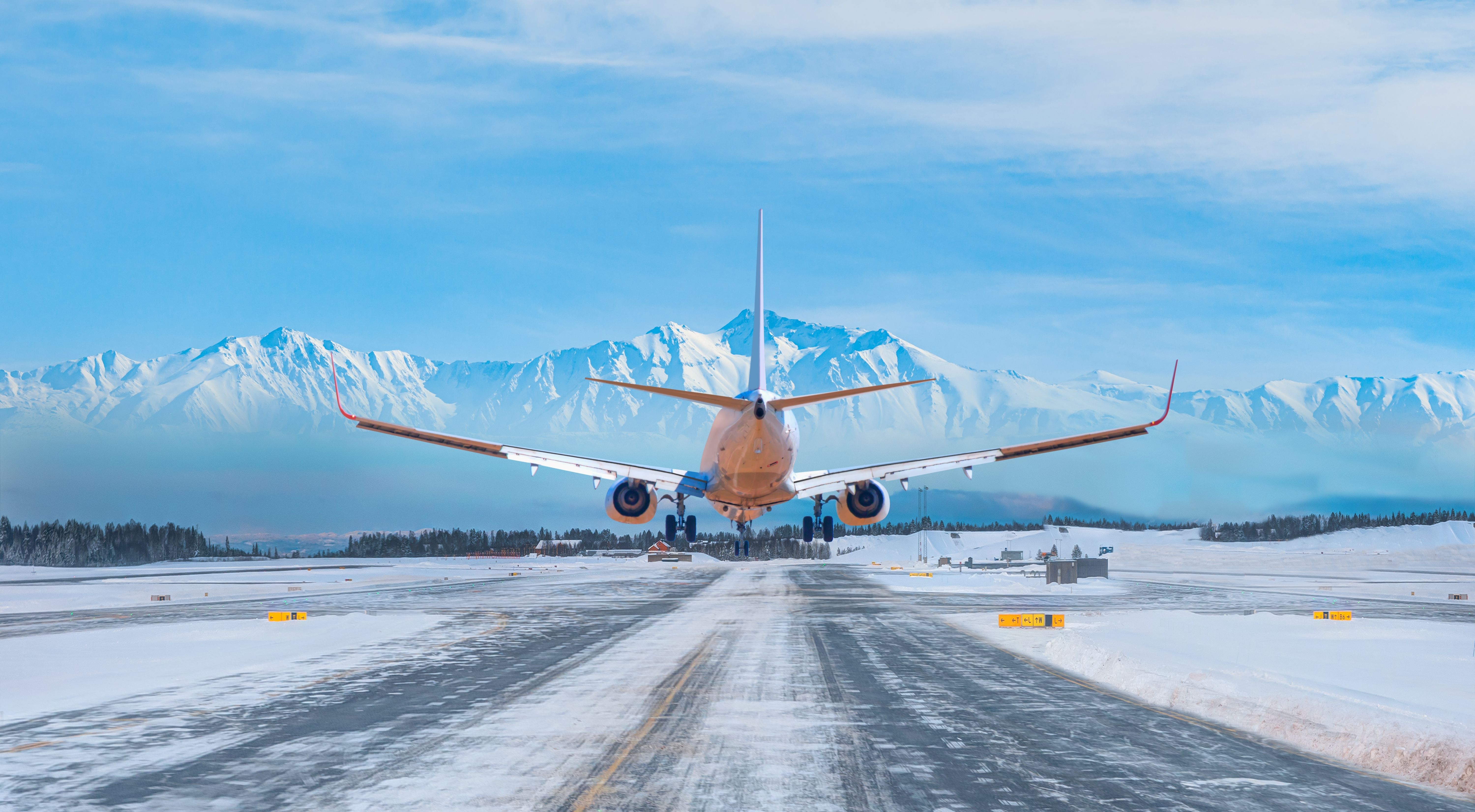 Airplane Silhouette Landing Snowy Airport