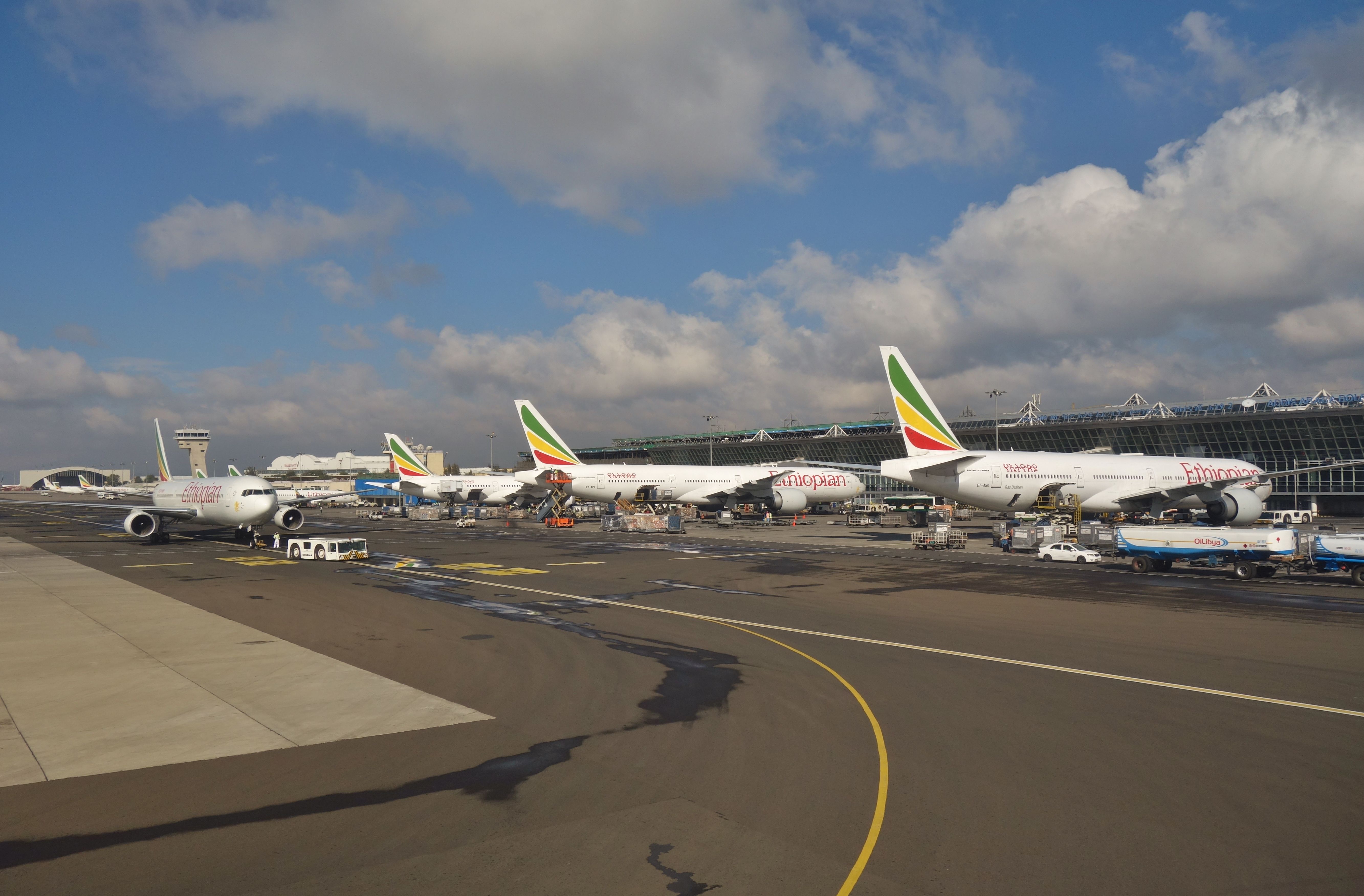 irplanes from Ethiopian Airlines (ET) lined at the Addis Ababa Bole International Airport (ADD), formerly Haile Selassie International Airport