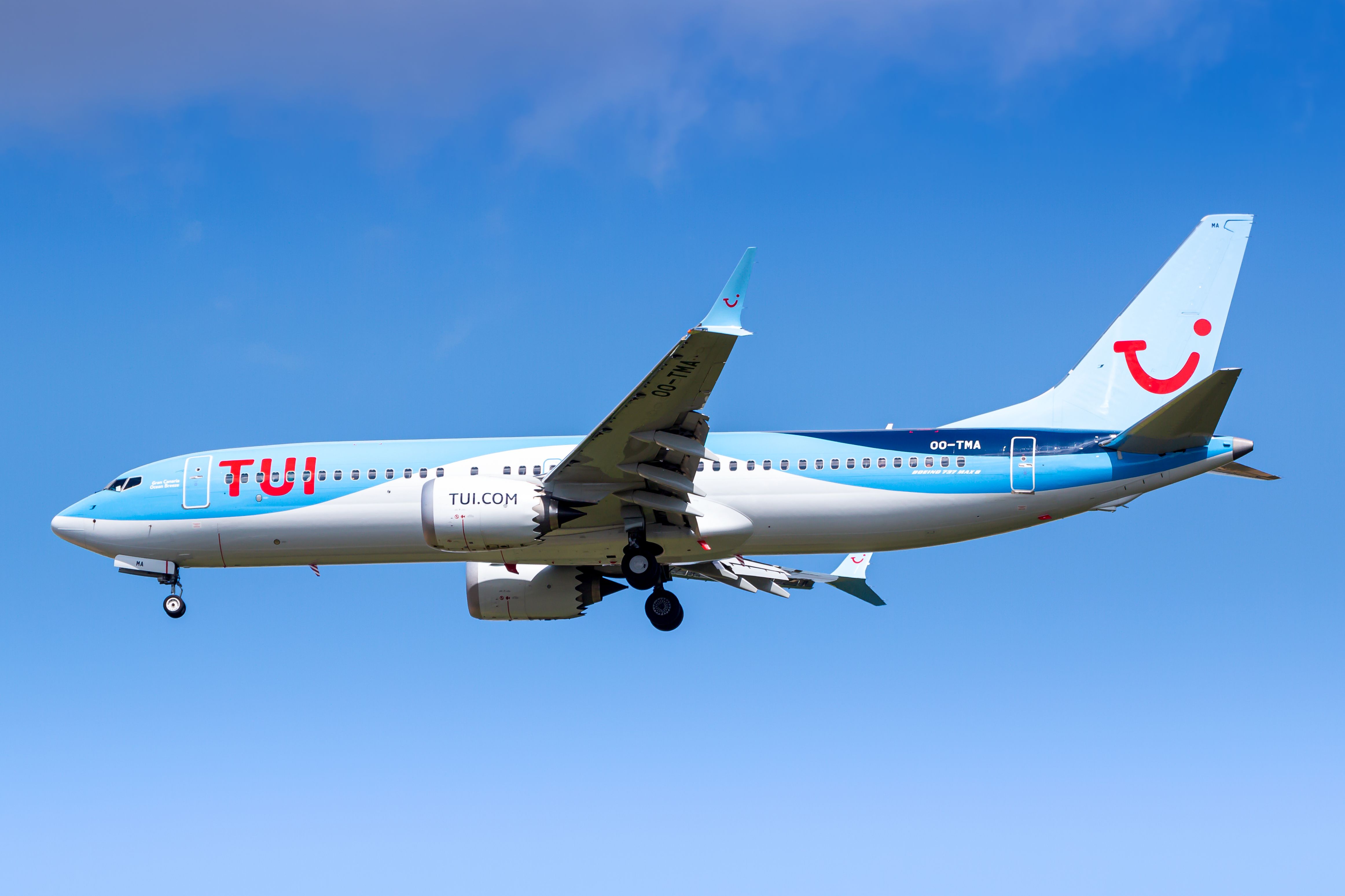 Tui Boeing 737 Max airplane at Paris Charles de Gaulle airport (CDG) in France. Boeing is an aircraft manufacturer based in Seattle, Washington.
