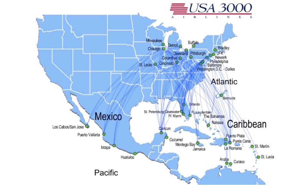 USA3000 Airlines route map between the US, Mexico, and Caribbean islands. 