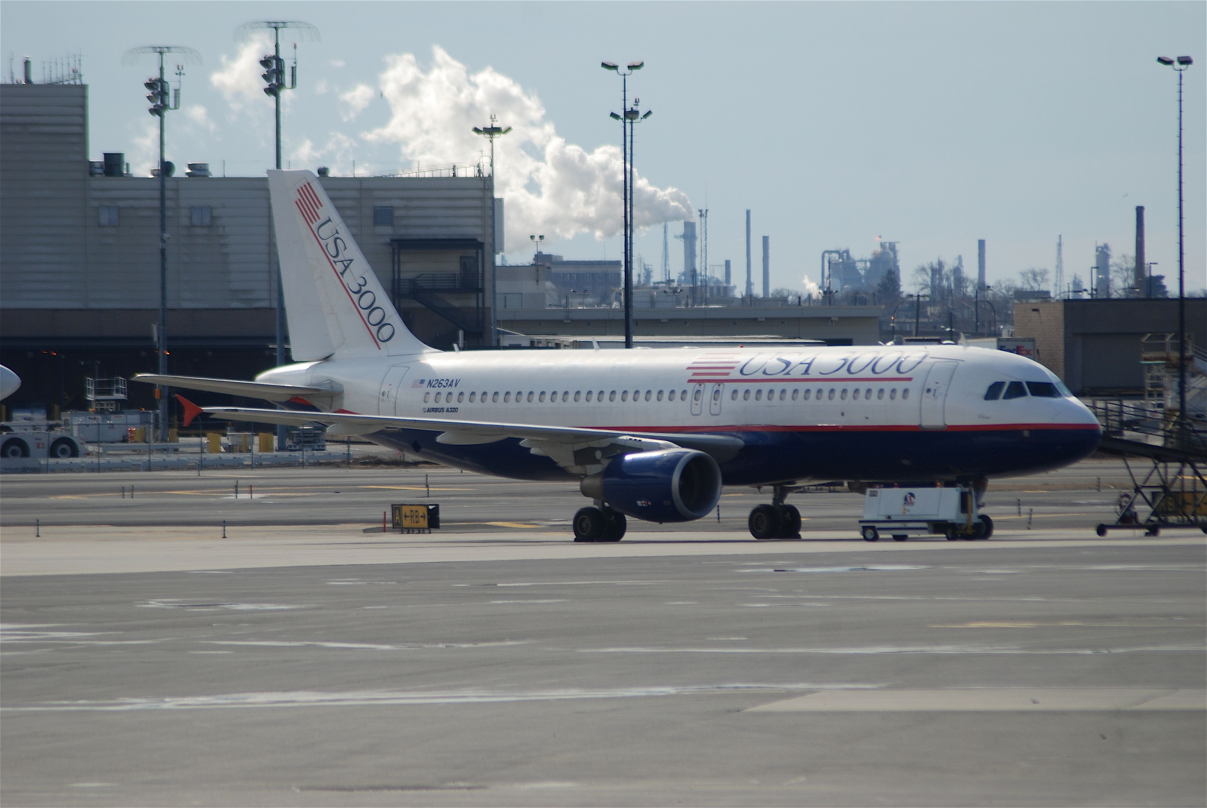 USA3000 Airlines Airbus A320 sitting idle at Newark airport.