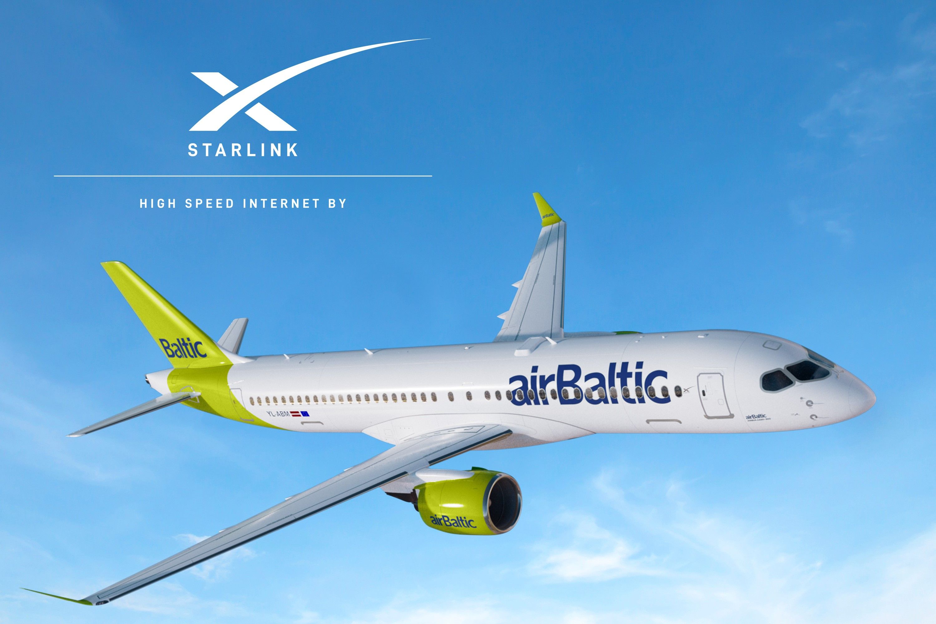 Alan airBaltic aircraft flying in the sky, beneath a Starlink logo.