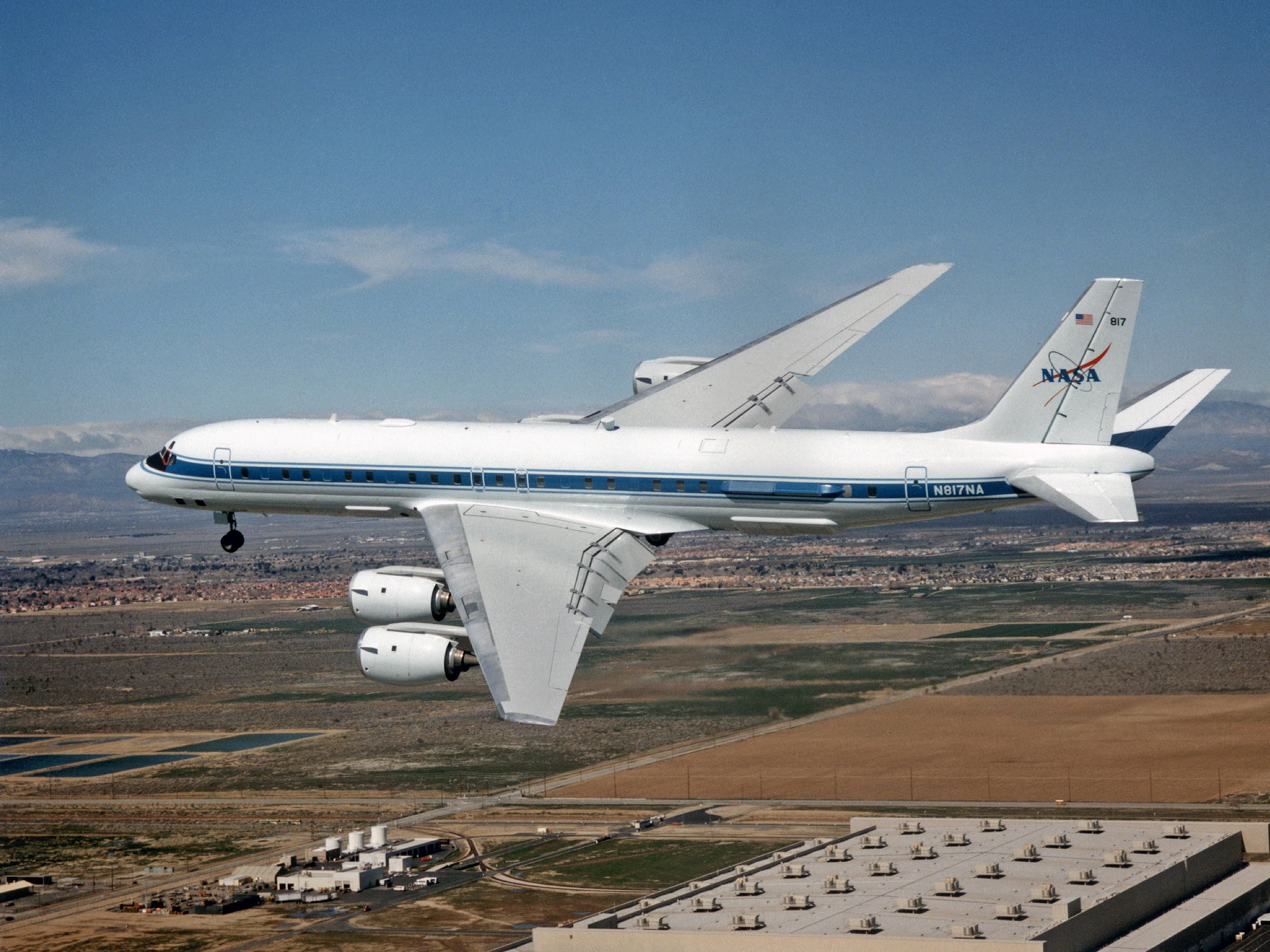NASA's McDonnell Douglas DC-8 Air Laboratory flies in the sky.