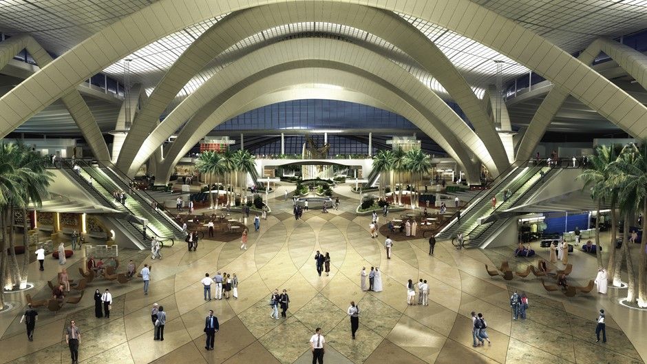 A conceptual rendering of the interior of the Midfield Terminal at Abu Dhabi International Airport.