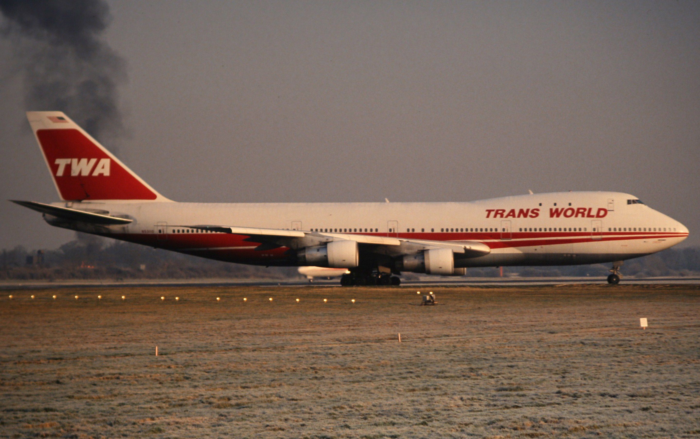 TWA Trans World Airlines Boeing 747-100 Seen taxying for departure from runway 08R at London Gatwick airport, England on 30th December 1992