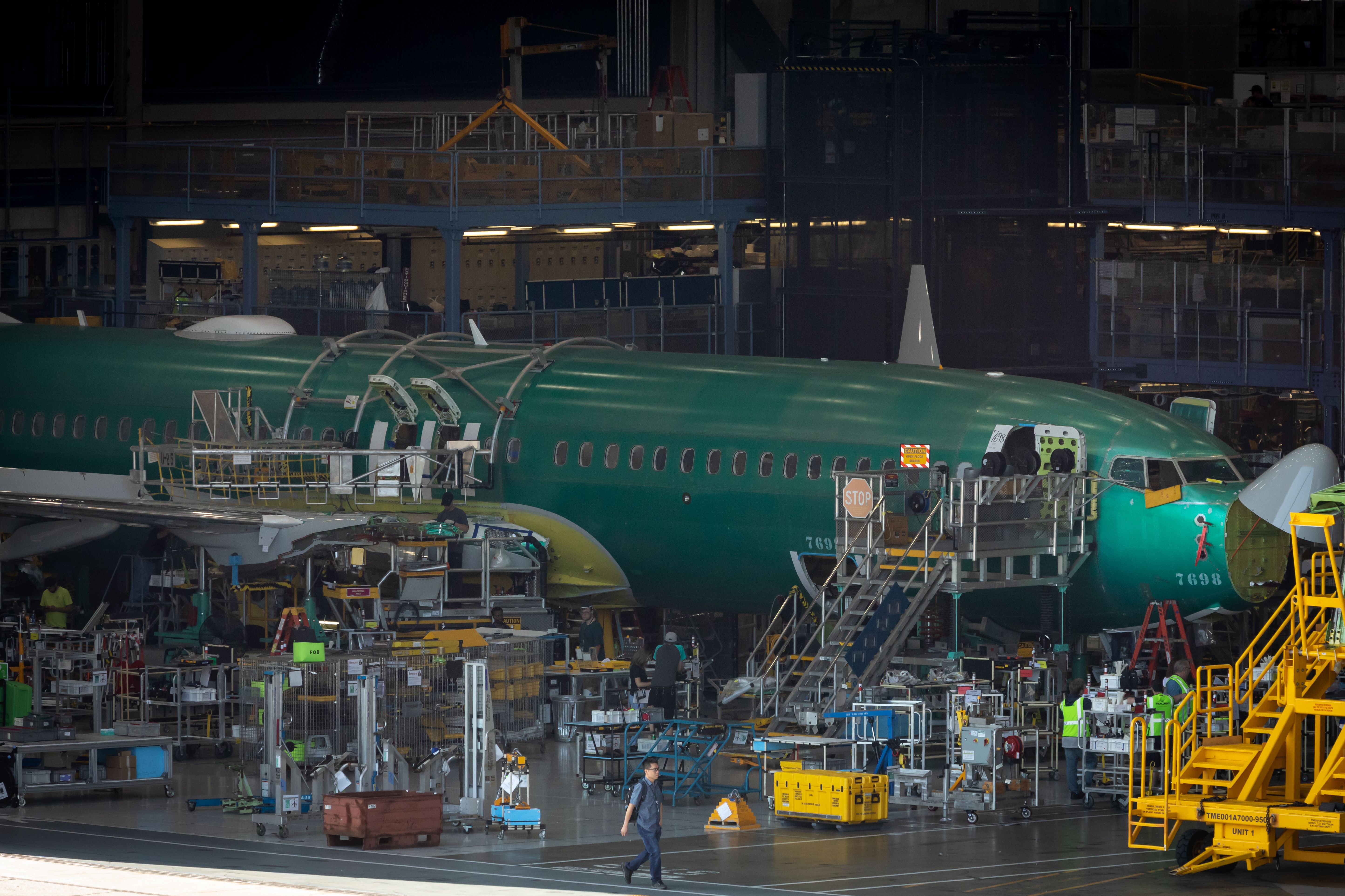 A partially built Boeing 737 MAX airliner inside the Renton factory.