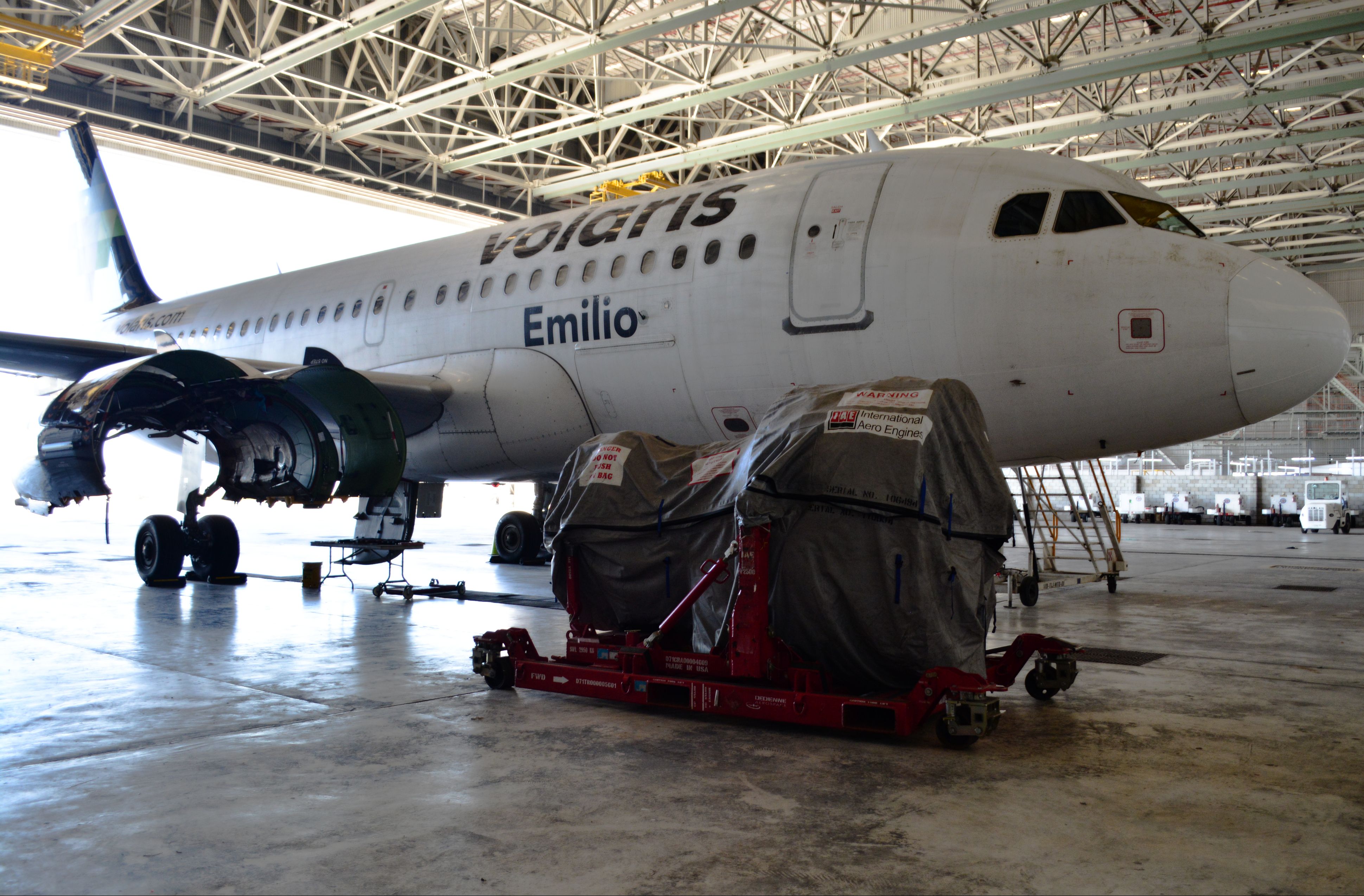 A view of a Volaris A320 aircraft in the company's Maintenance Center in Tijuana International.