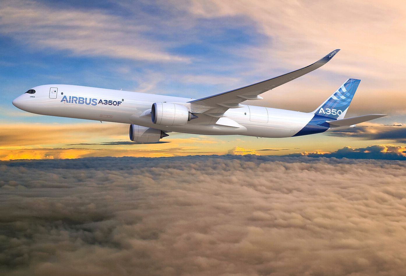 A render of an A350F flying above the clouds.