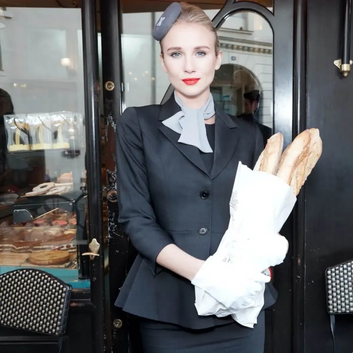 A Lux Aviation flight attendant buying food in Paris.