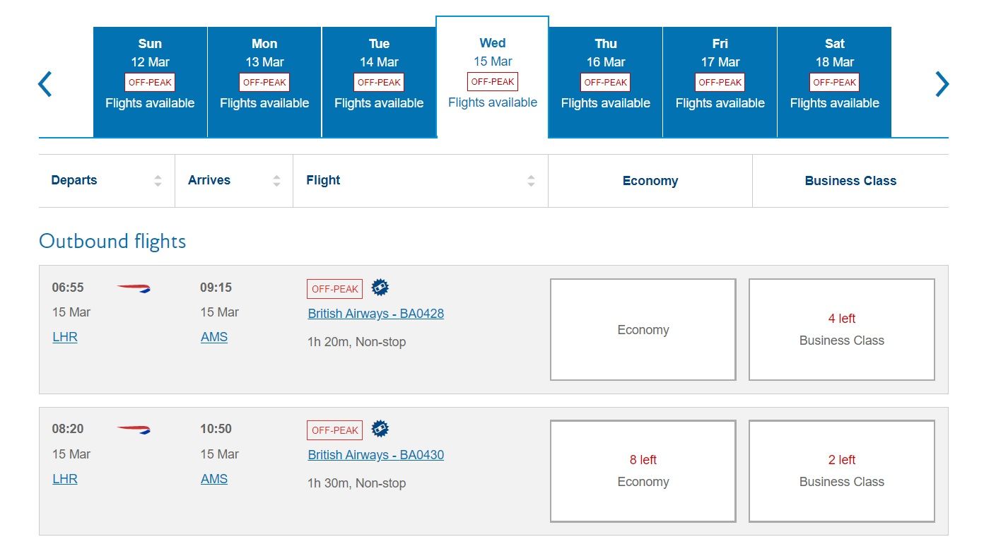 A screenshot of the flight selection screen for a British Airways flight from London to Amsterdam.