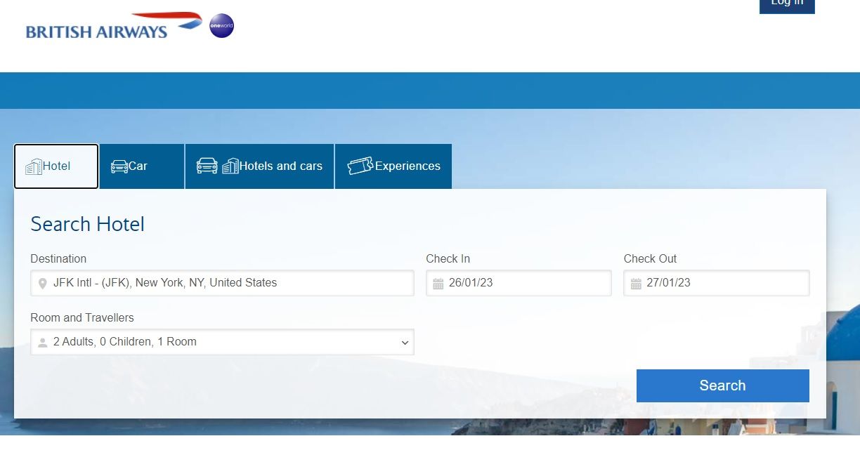 A screenshot of the British Airways hotel search webpage.