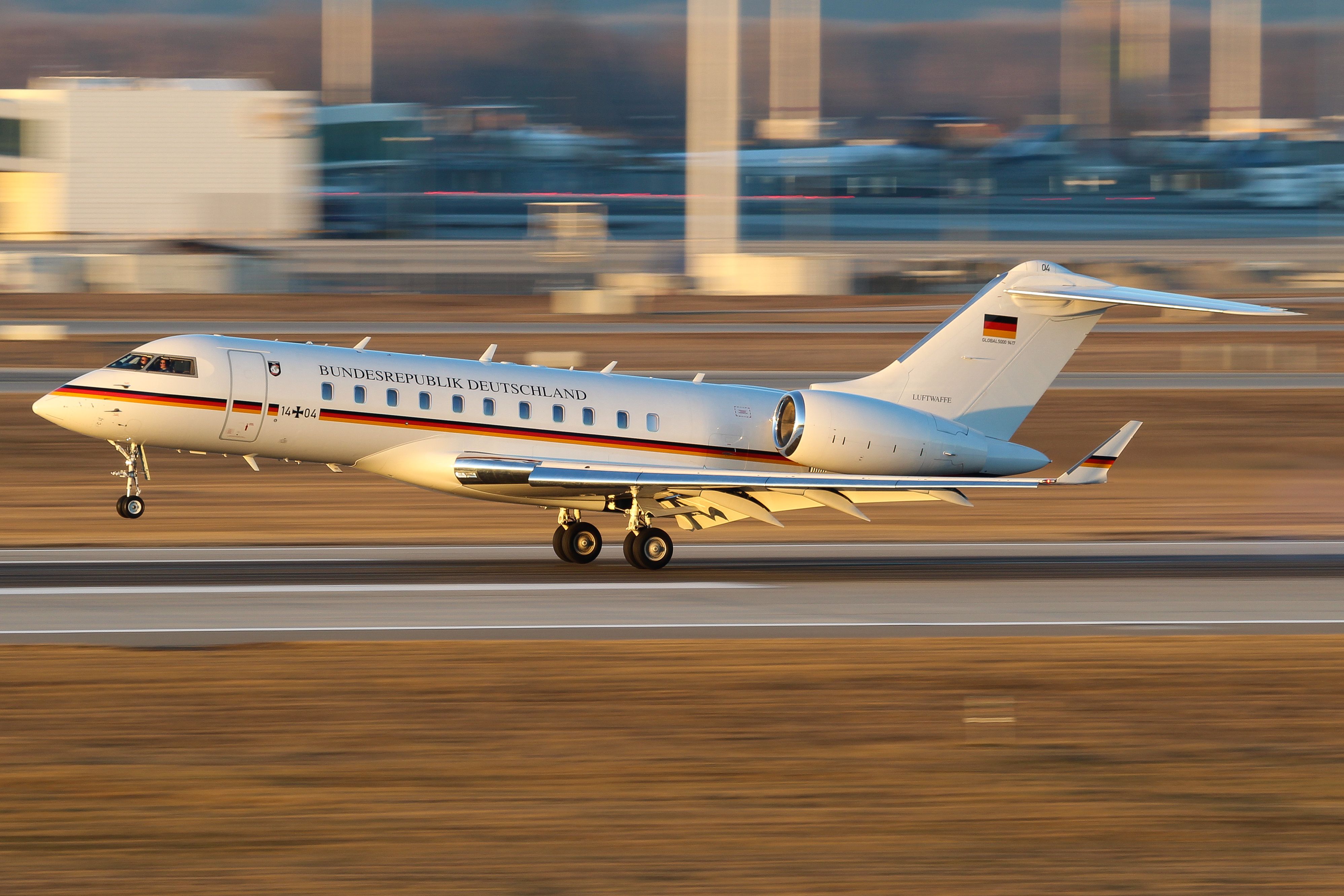 German Air Force Bombardier BD-700 Global Express lands at Munich Airport.